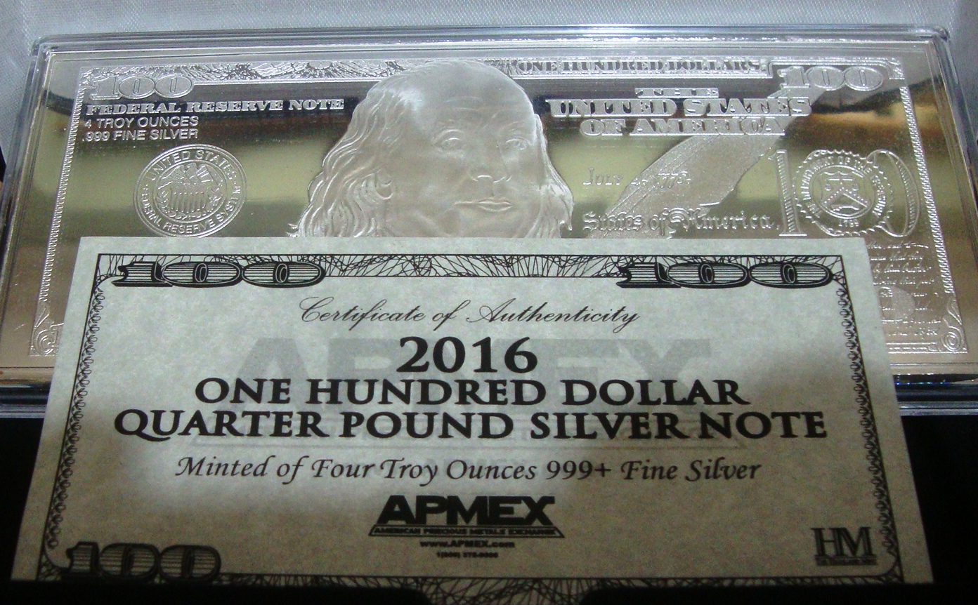 2016 QUARTER POUND SOLID SILVER $100 BANKNOTE INGOT
