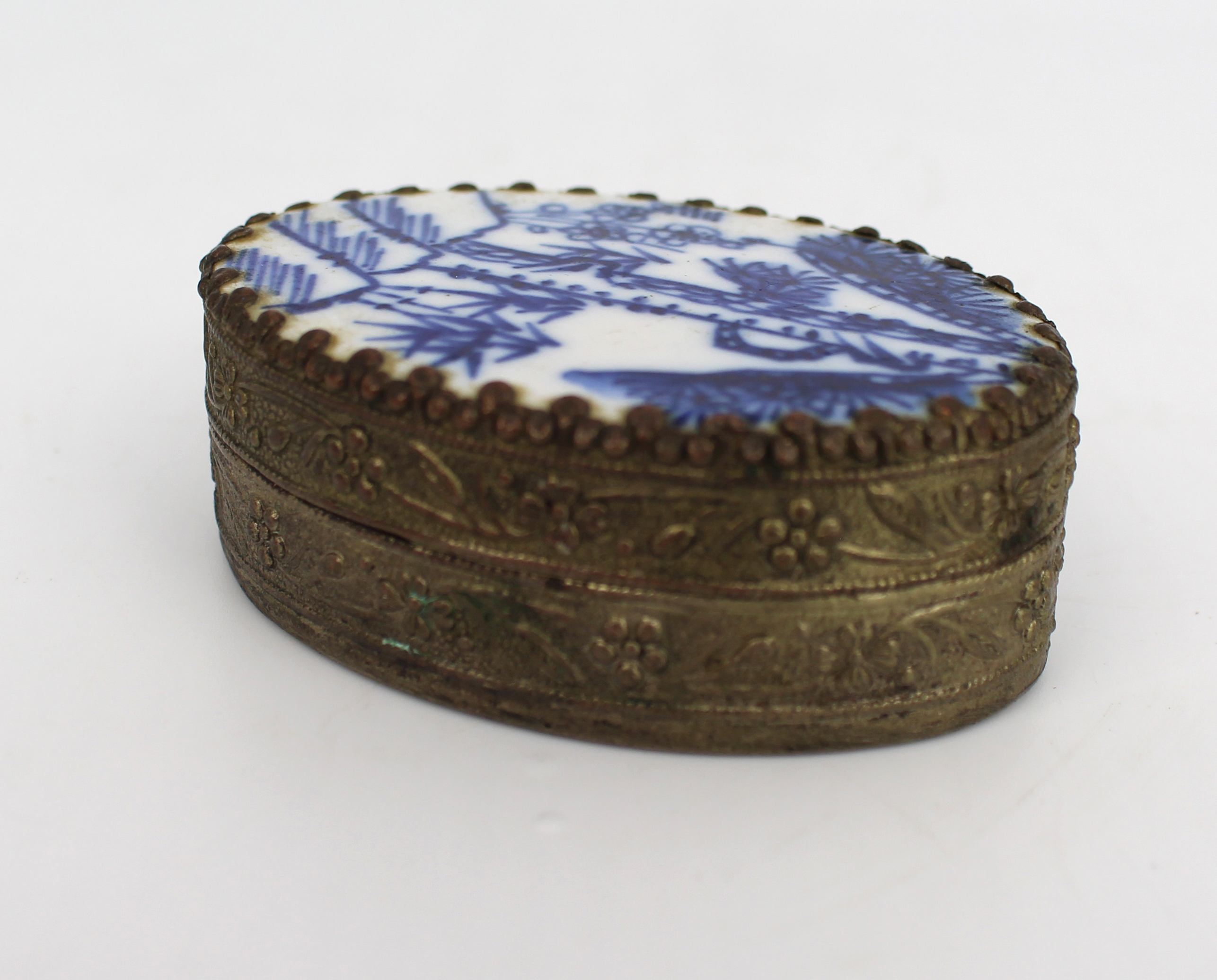Antique 19th-Century Gilt Metal & Blue and White Porcelain Patch Box