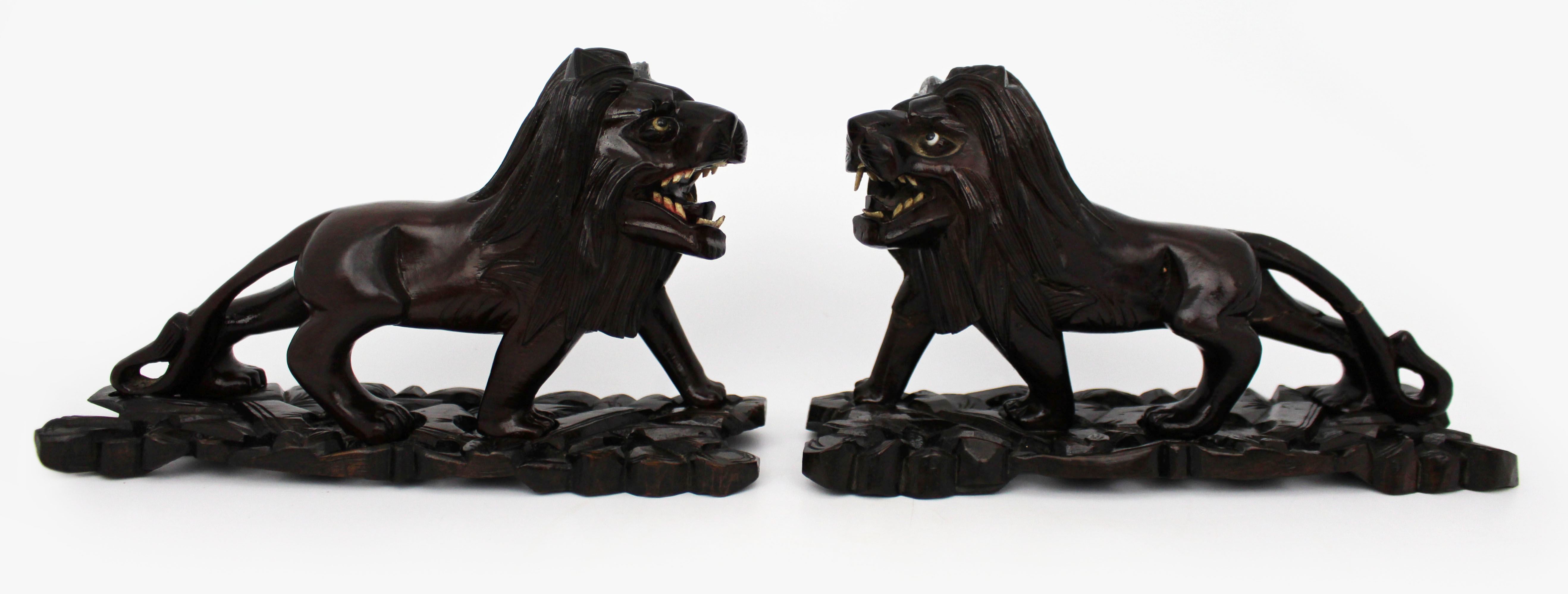 Pair of Antique African Carved Ironwood Lions c.1900
