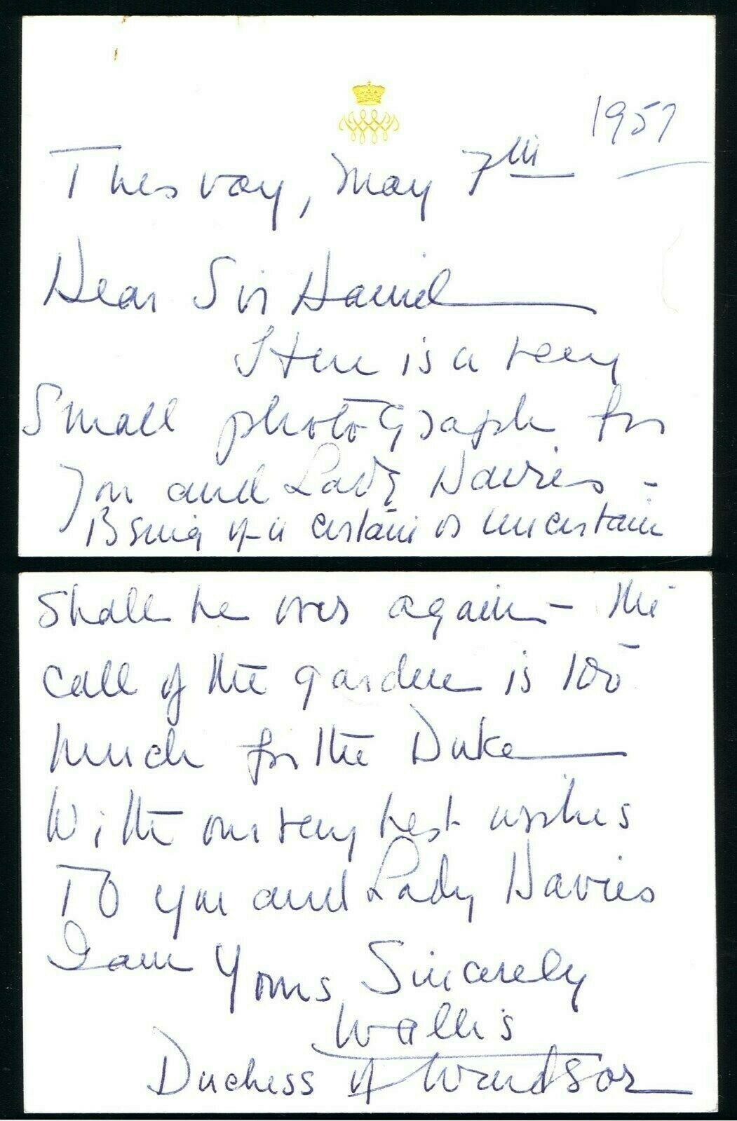 Royalty Duchess of Windsor (Wallis Simpson) two embossed cards handwritten in biro note from the