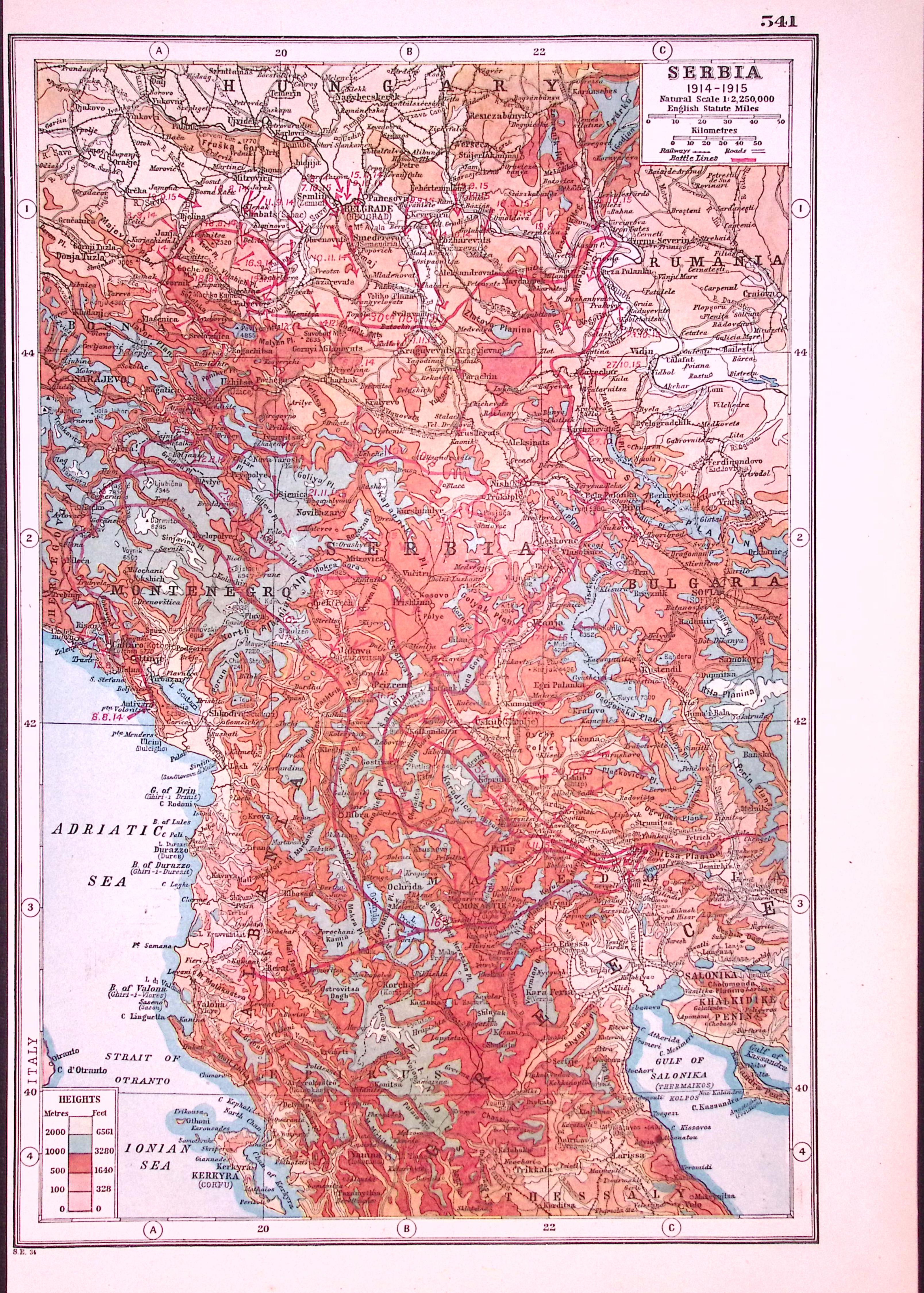 WW1 Serbia 1914-1915 Antique 1922 Coloured Map-541