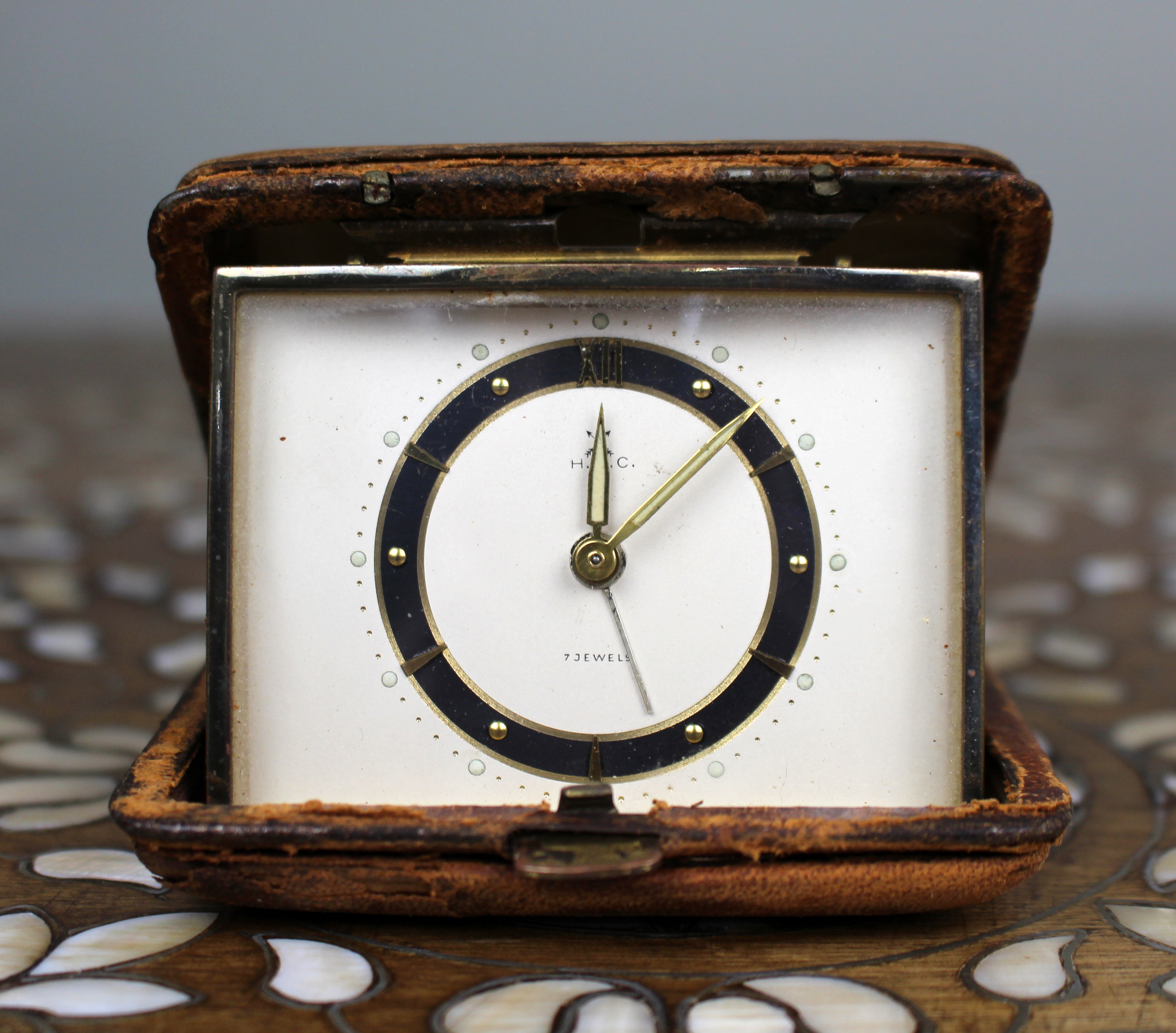 Mid 20th c. West German Folding Travel Alarm Clock, 7 Jewels