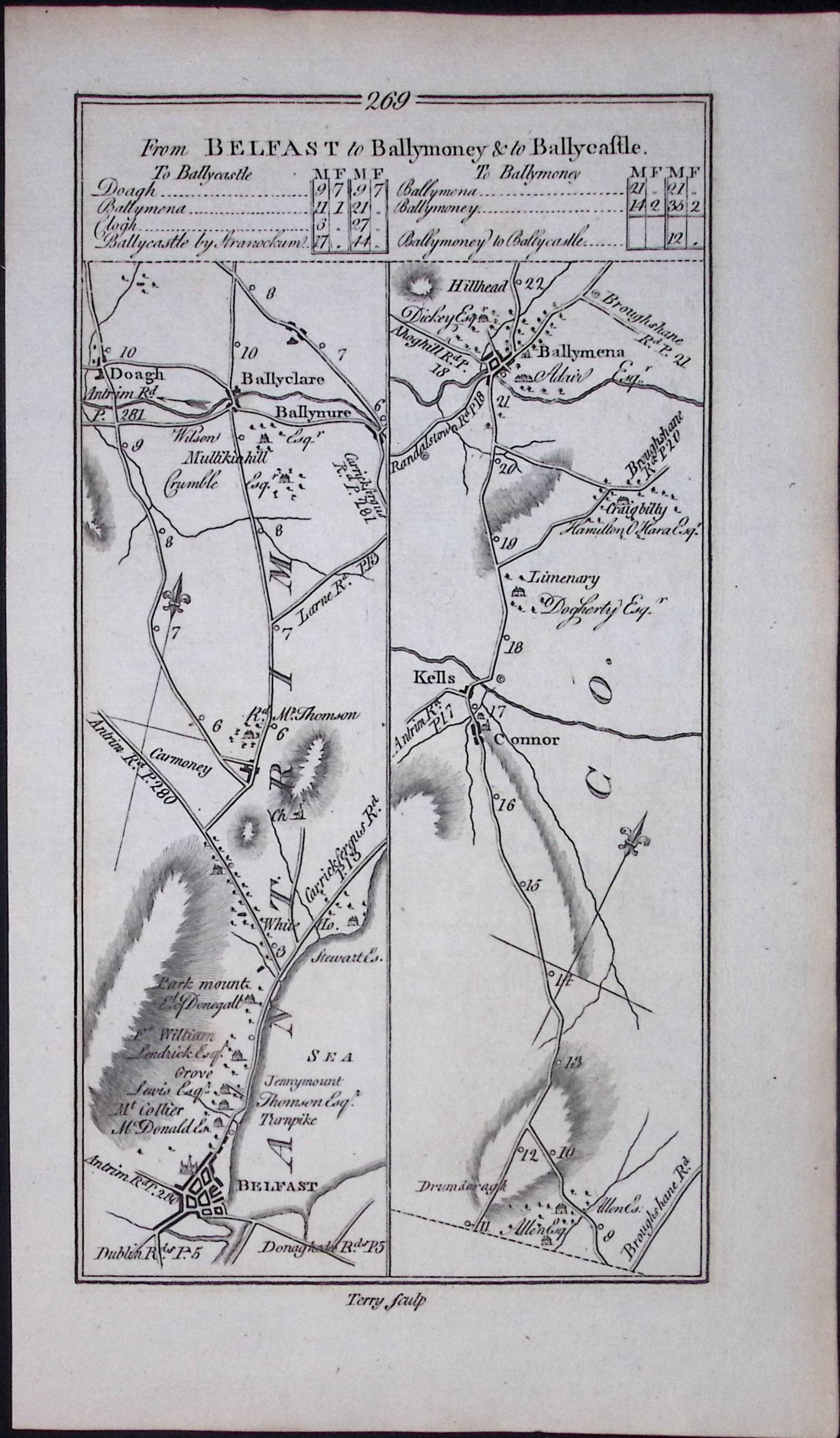 Ireland 245 Years -Old Antique 1777 Road Map Belfast To Ballymoney-270