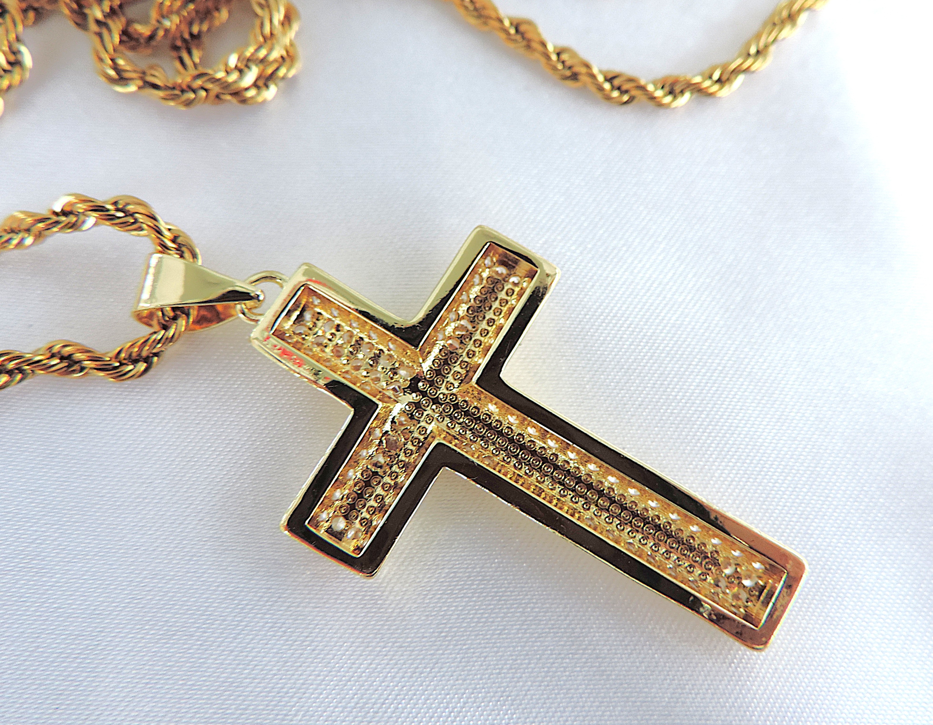 Aethon Gold Plated White Zircon Gemstone Cross on 22 inch Rope Chain