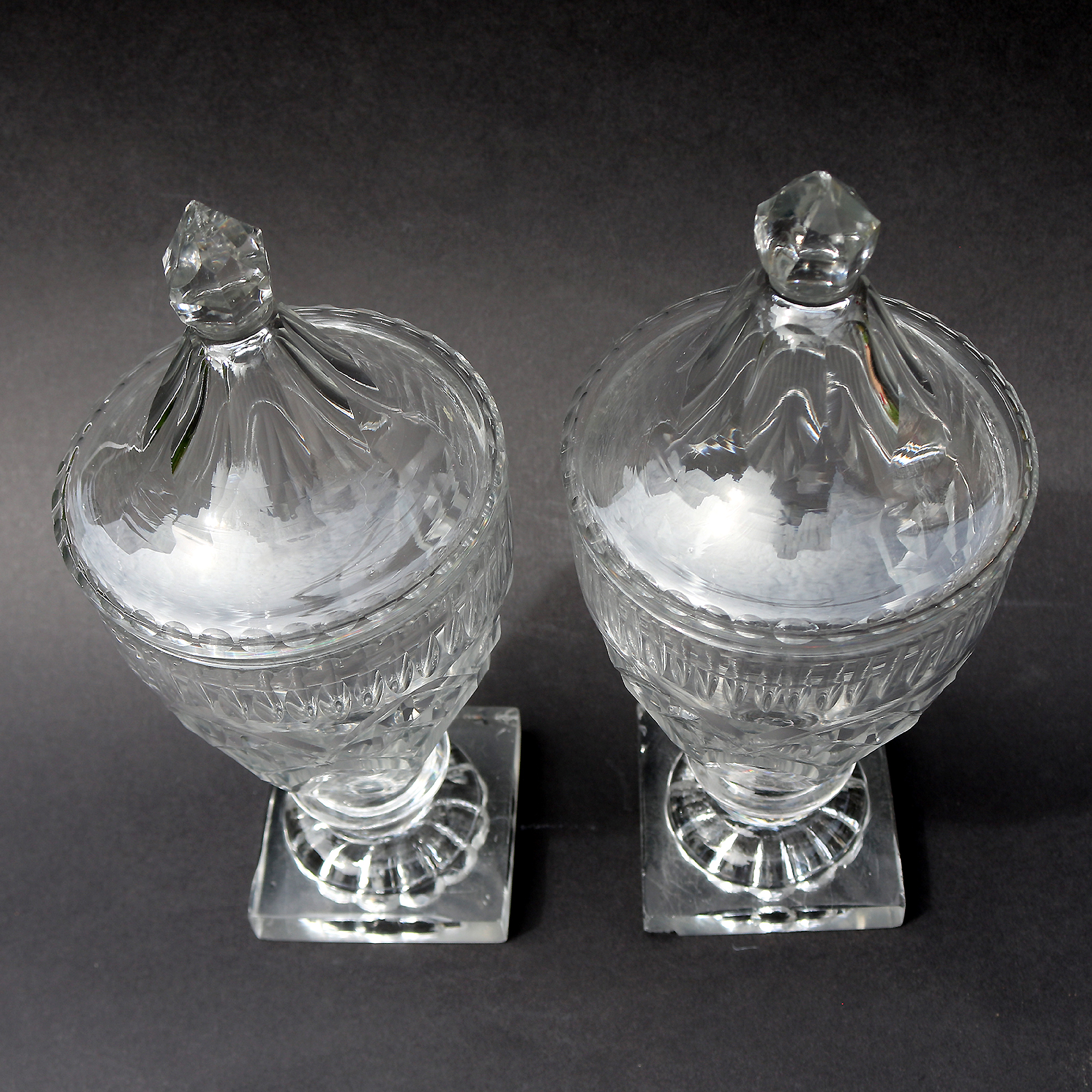 A Pair of Antique Georgian Irish Dublin Cork Cut Glass BonBon Jars Urns C.1790