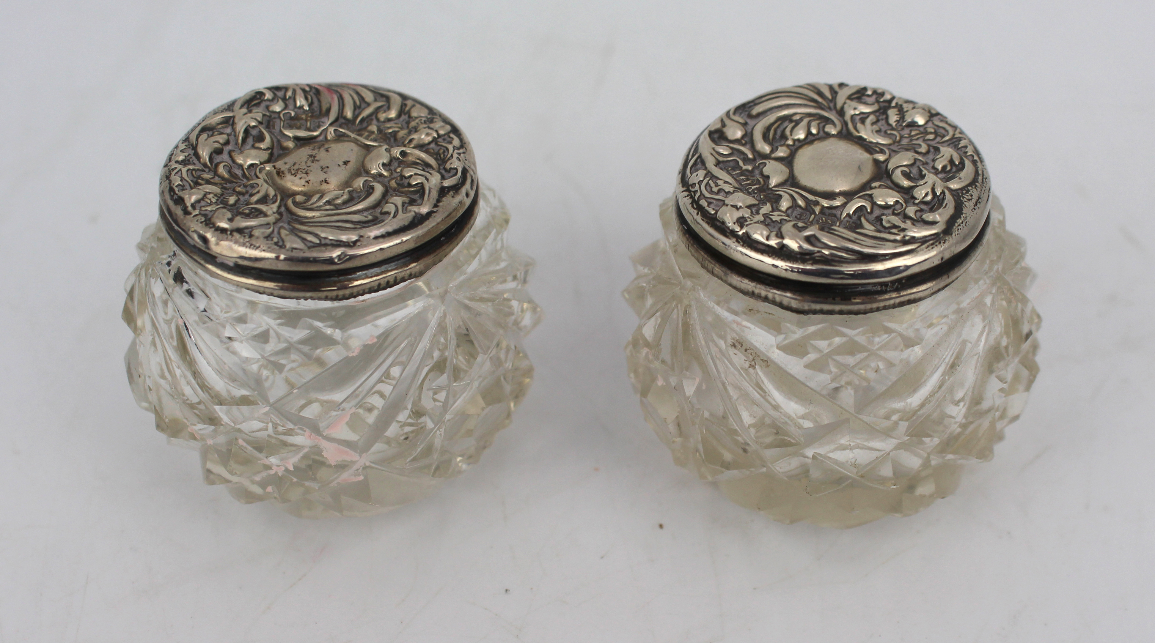 Pair of Cut Glass Silver Topped Pots Birmingham 1907 Henry Hobson
