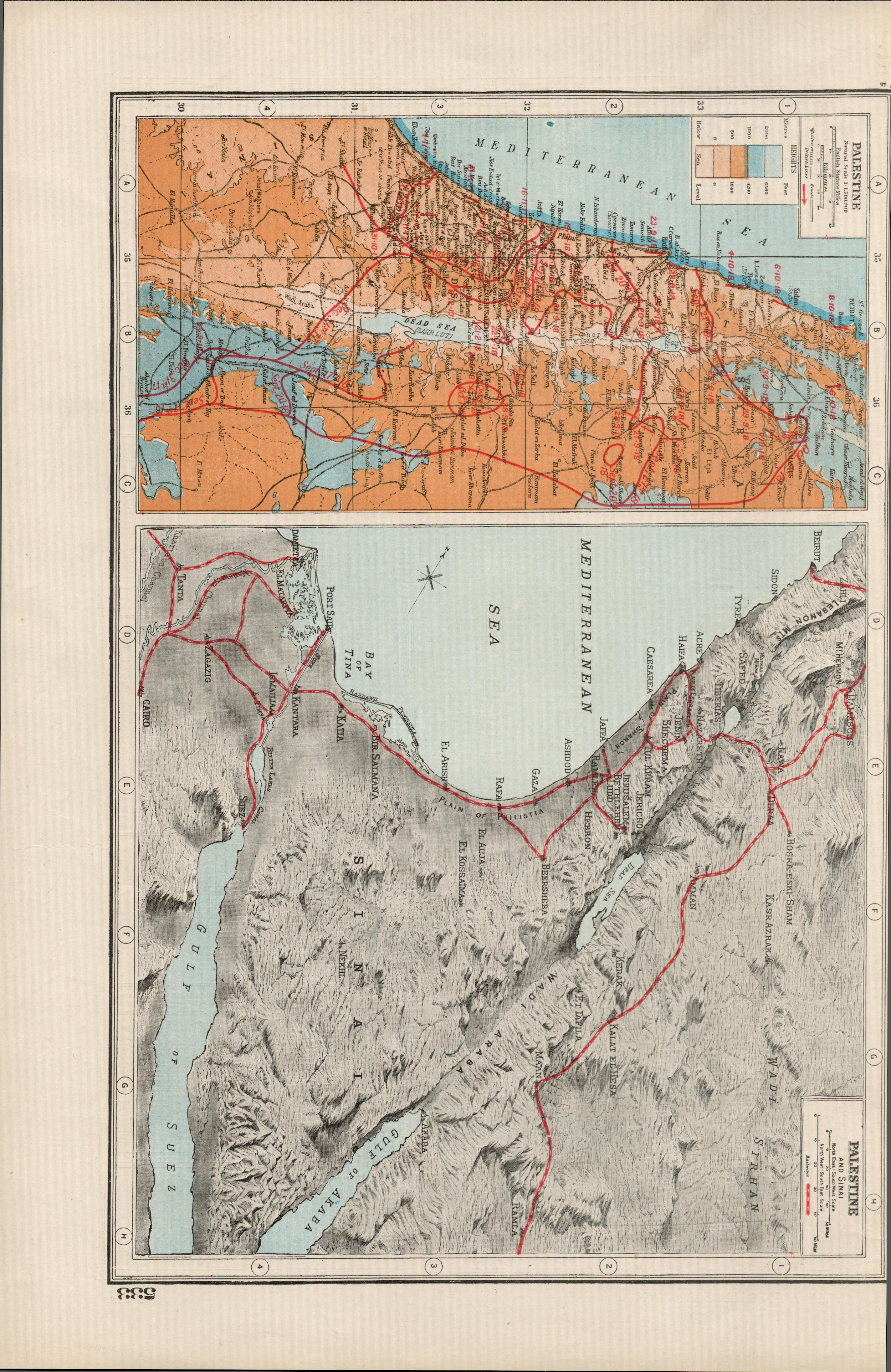 WW1 Palestine & Surrounding Areas Antique Coloured 1922 Map-533