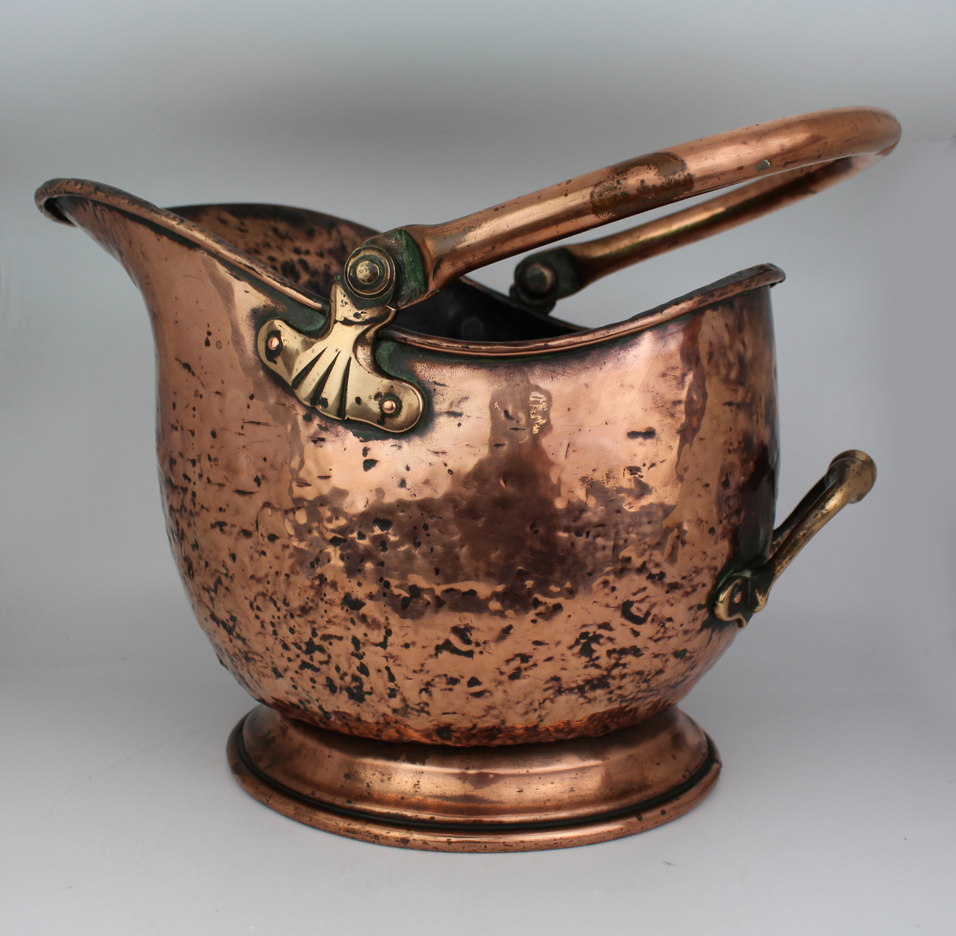 Victorian Copper Helmet Coal Scuttle with Brass Mounts