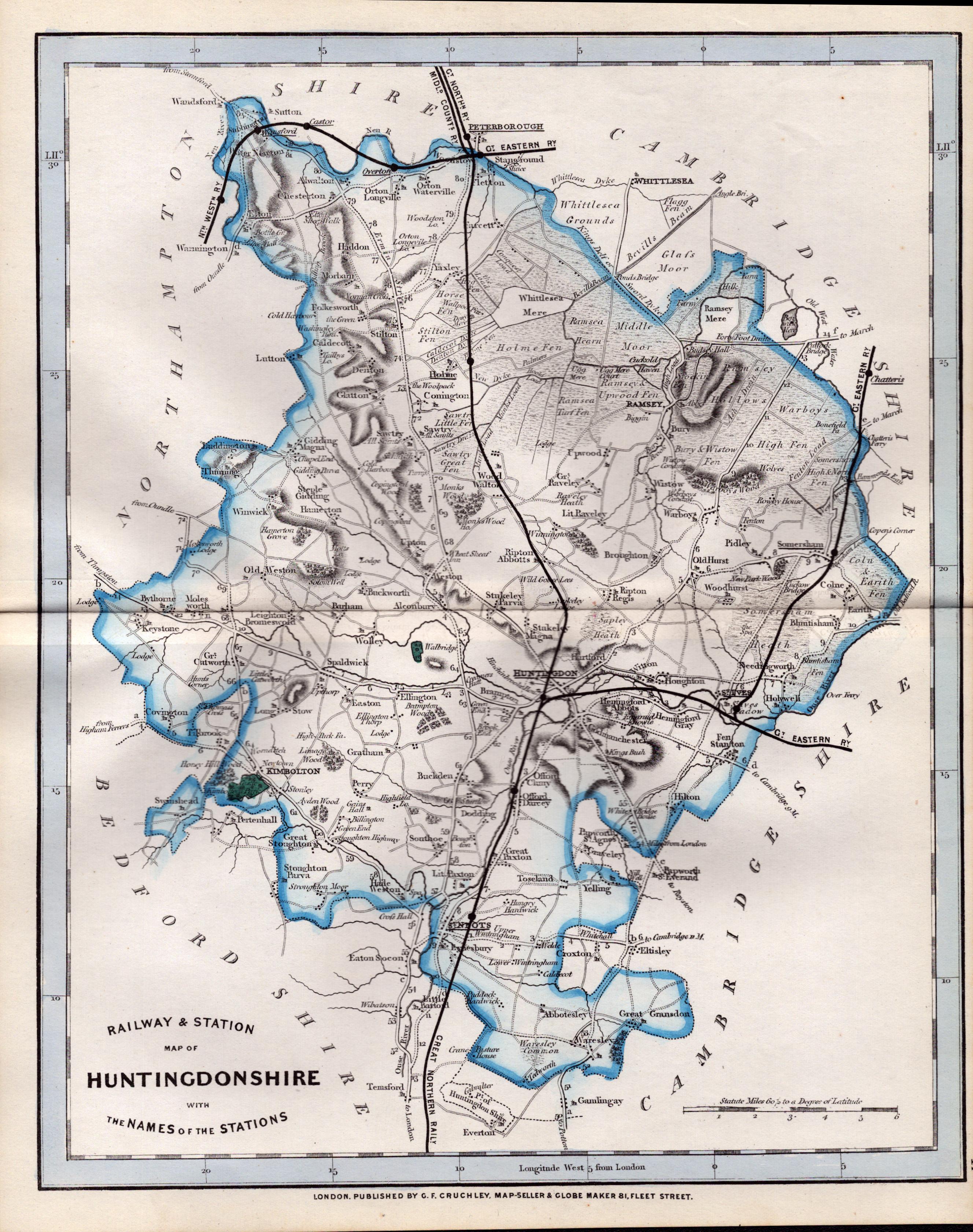 Huntingdon Cruchley Scarce Antique Railways & Stations Coloured Map.