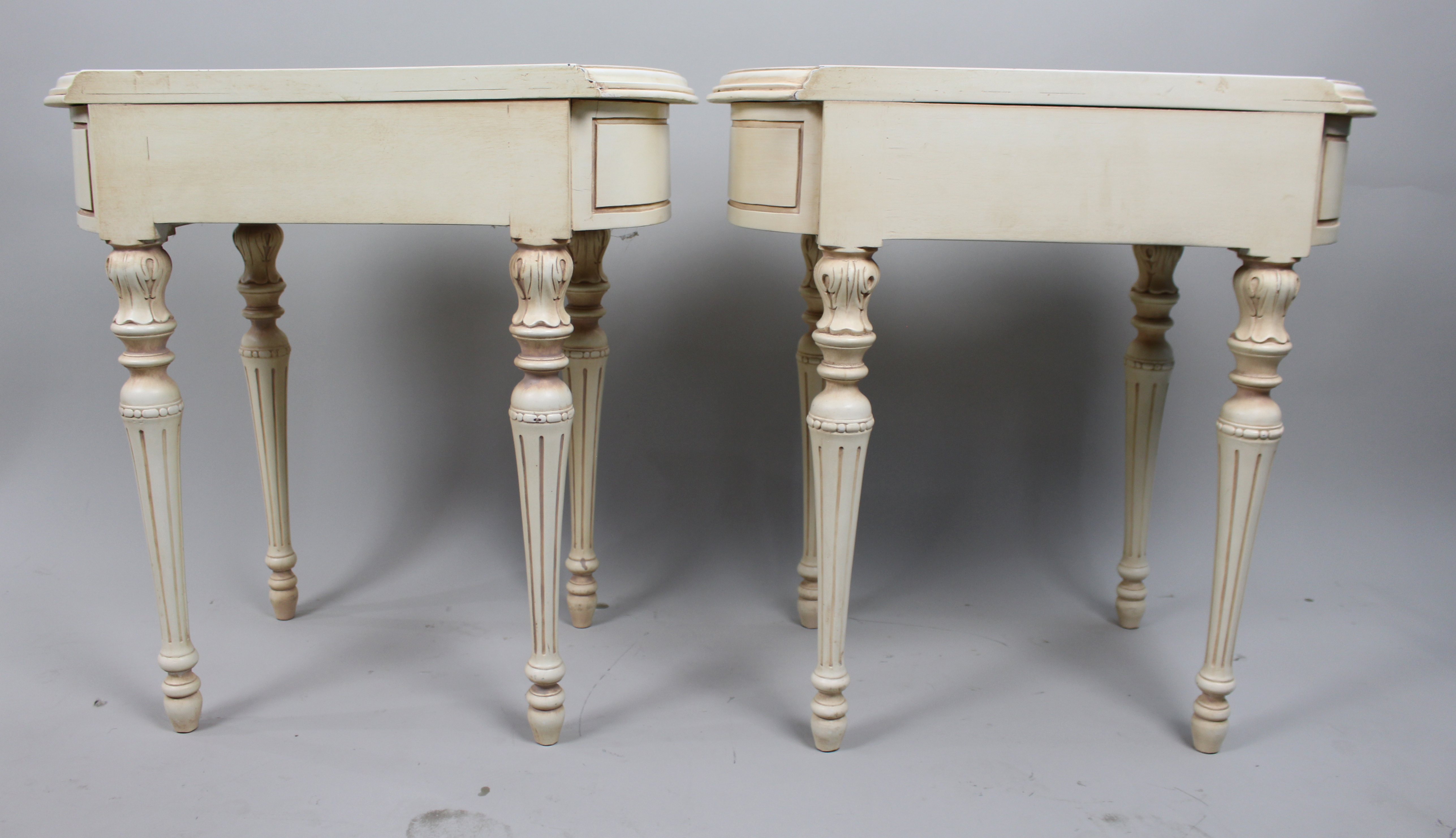 Pair of Cream Decapé Console Tables with Drawers