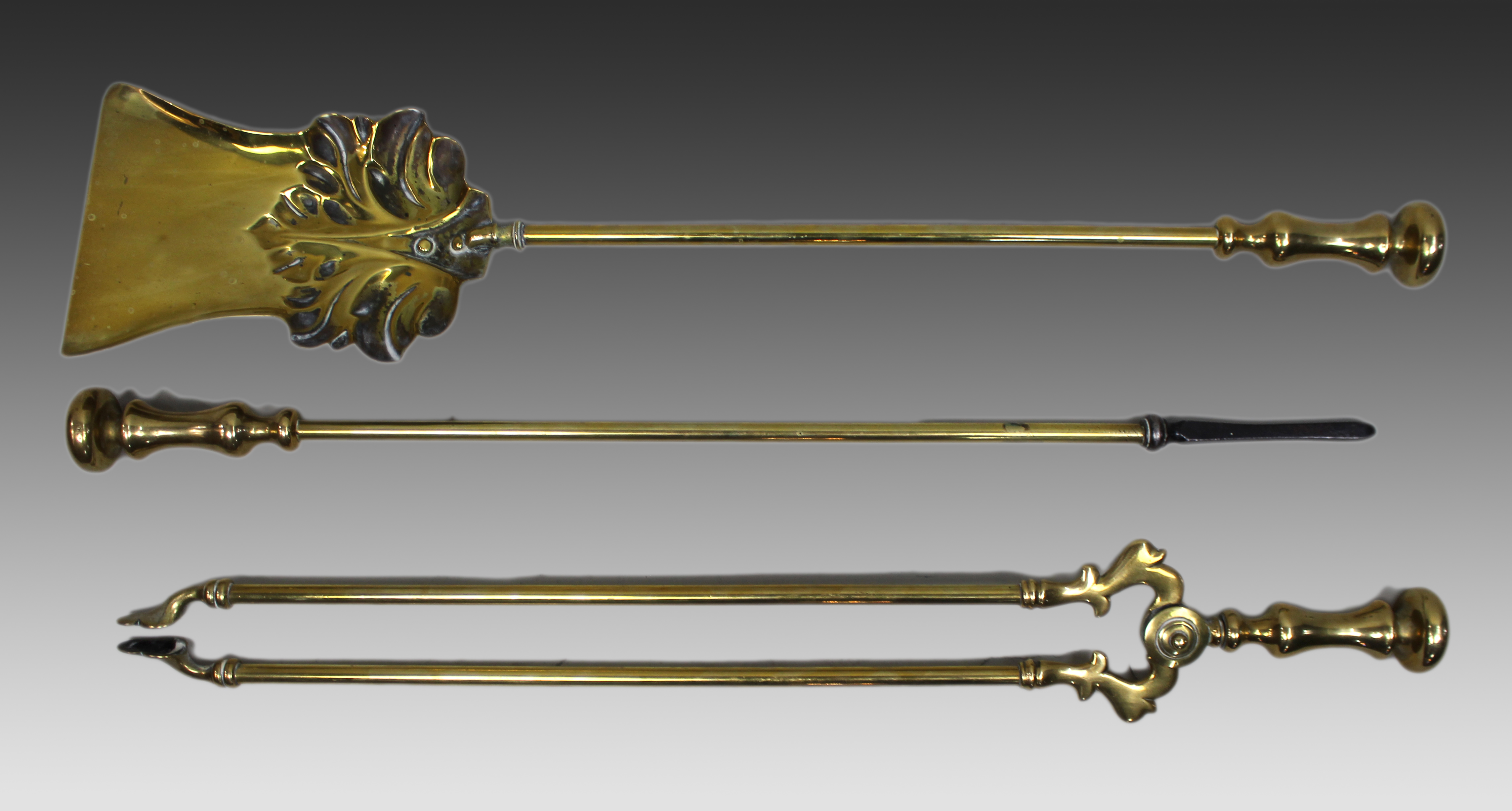 Antique Brass Fireplace Tool Set, English c.1900