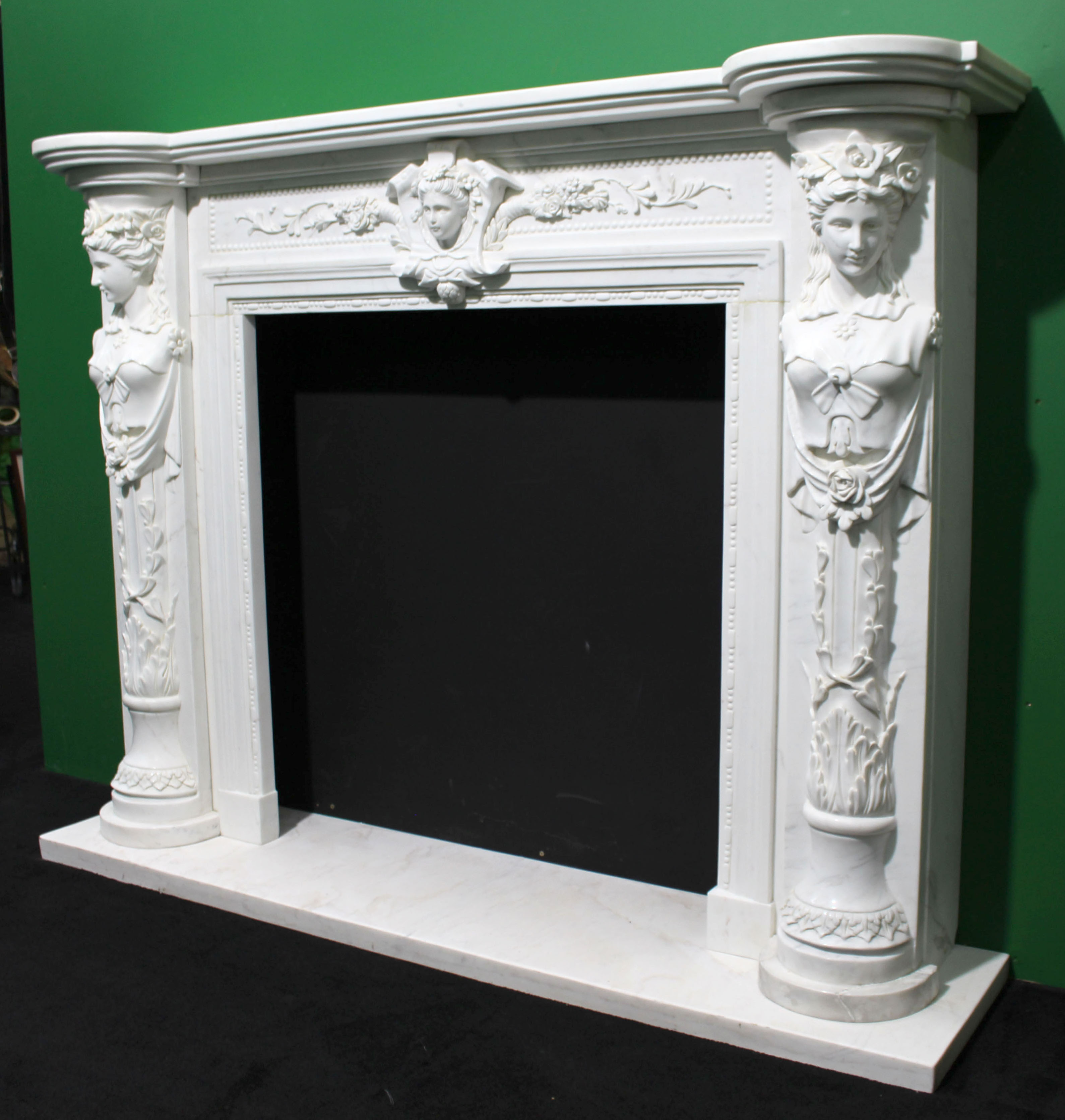 Fine Louis XVI Style Carved White Marble Fireplace Surround with Caryatid Figures