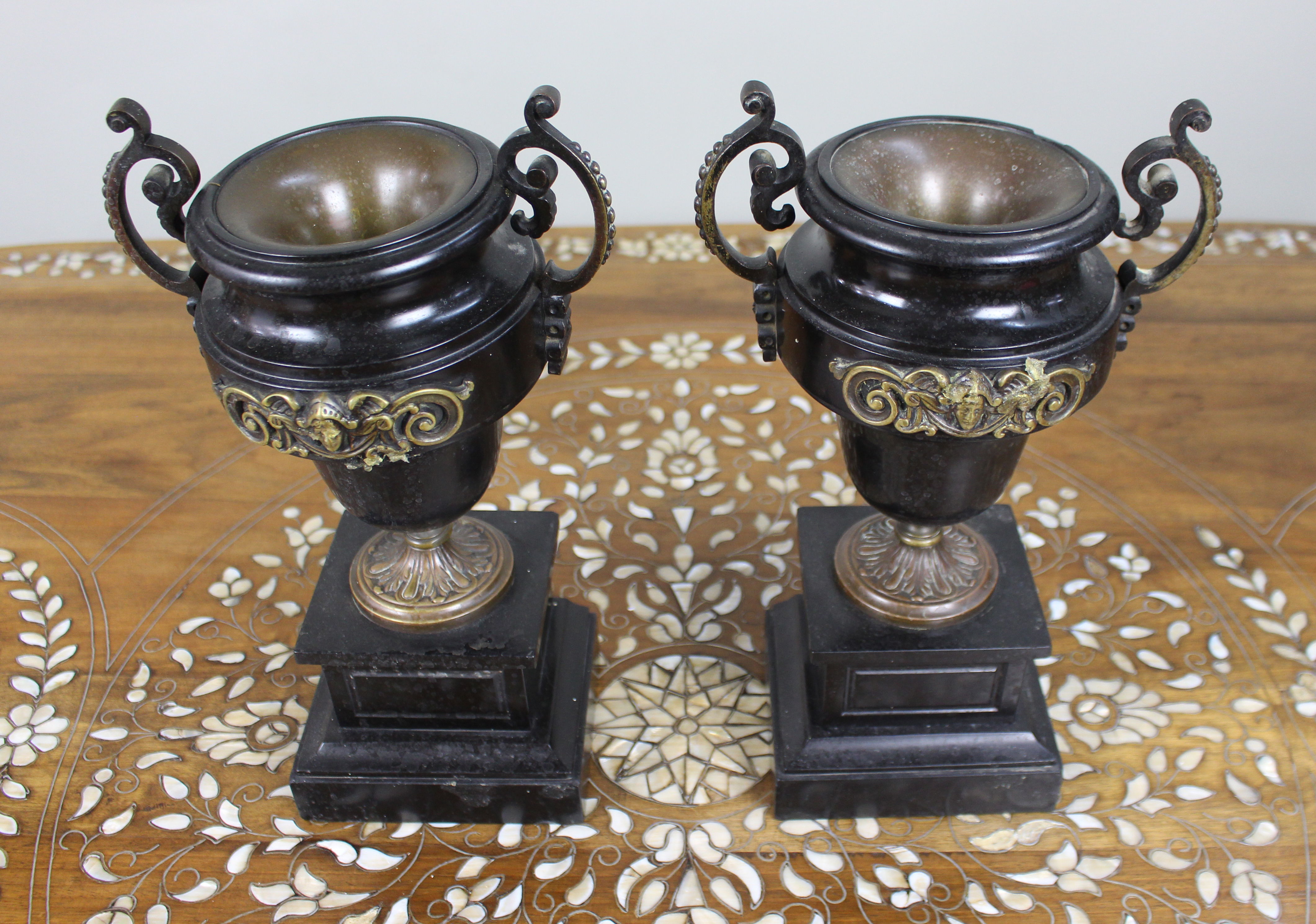 Pair of French Bronze and Marble Urns