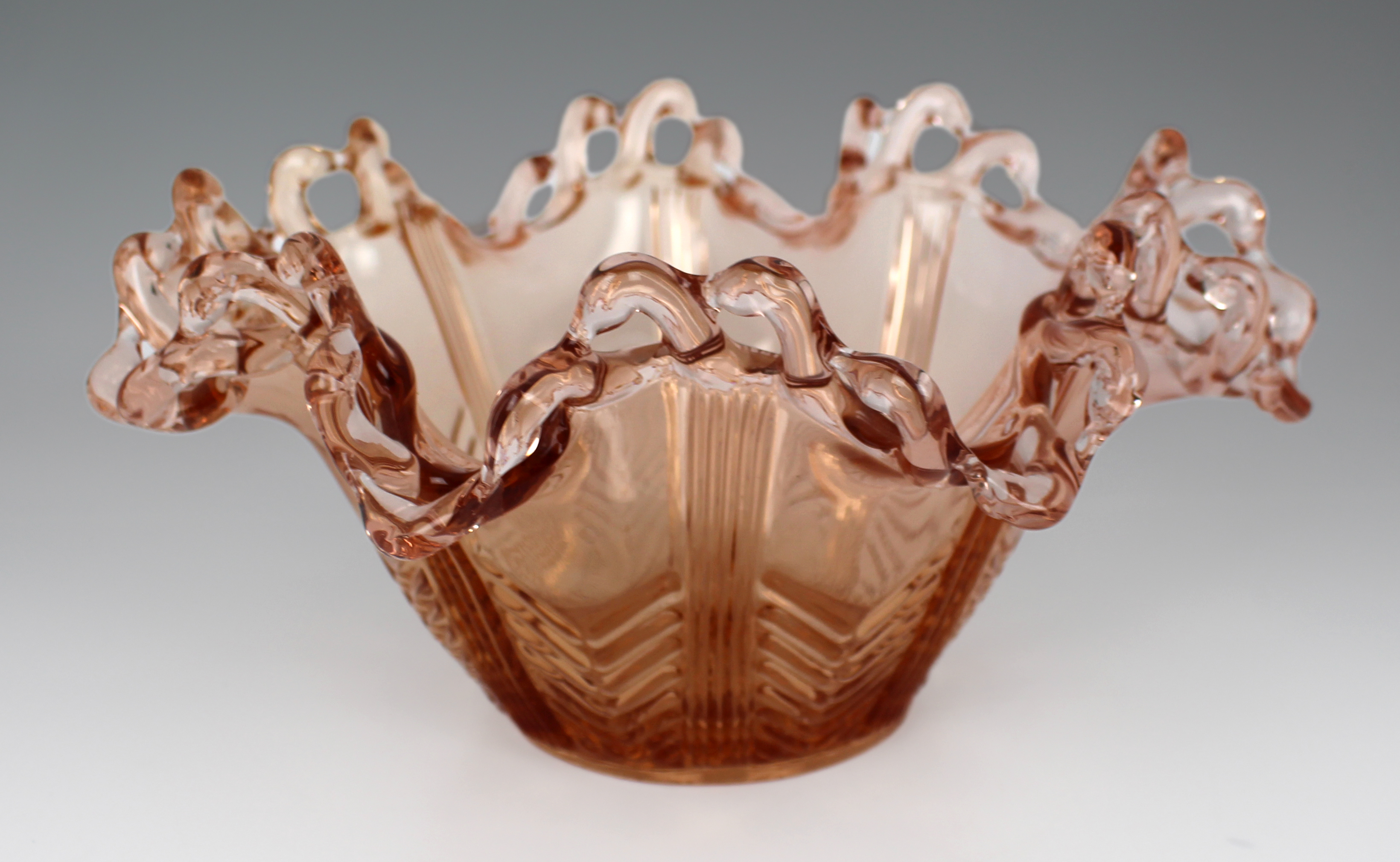 Vintage Brev Italian Pink Glass Pierced Rim Ruffled Bowl