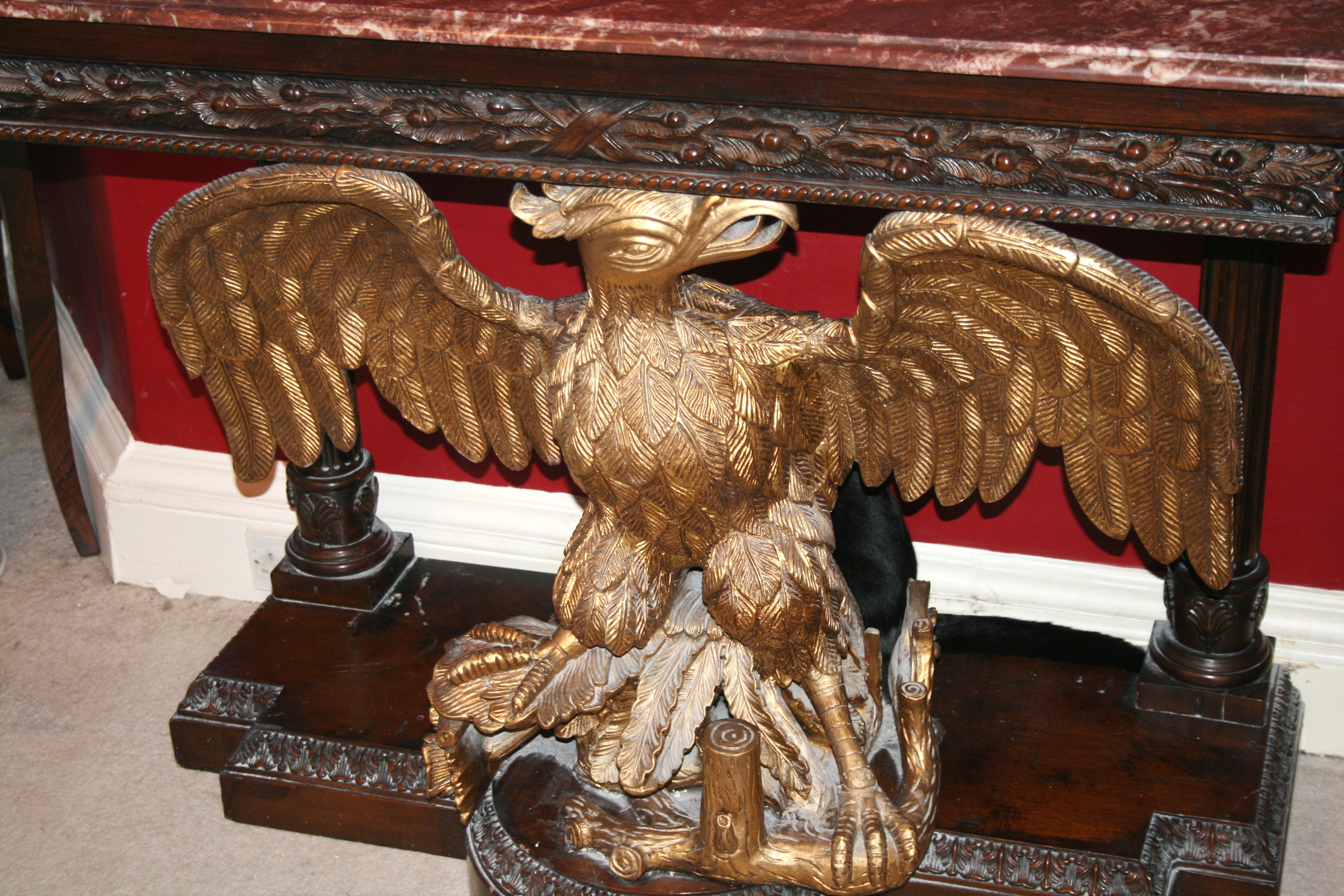 Pair of Marble Topped Mahogany & Giltwood Eagle Console Tables