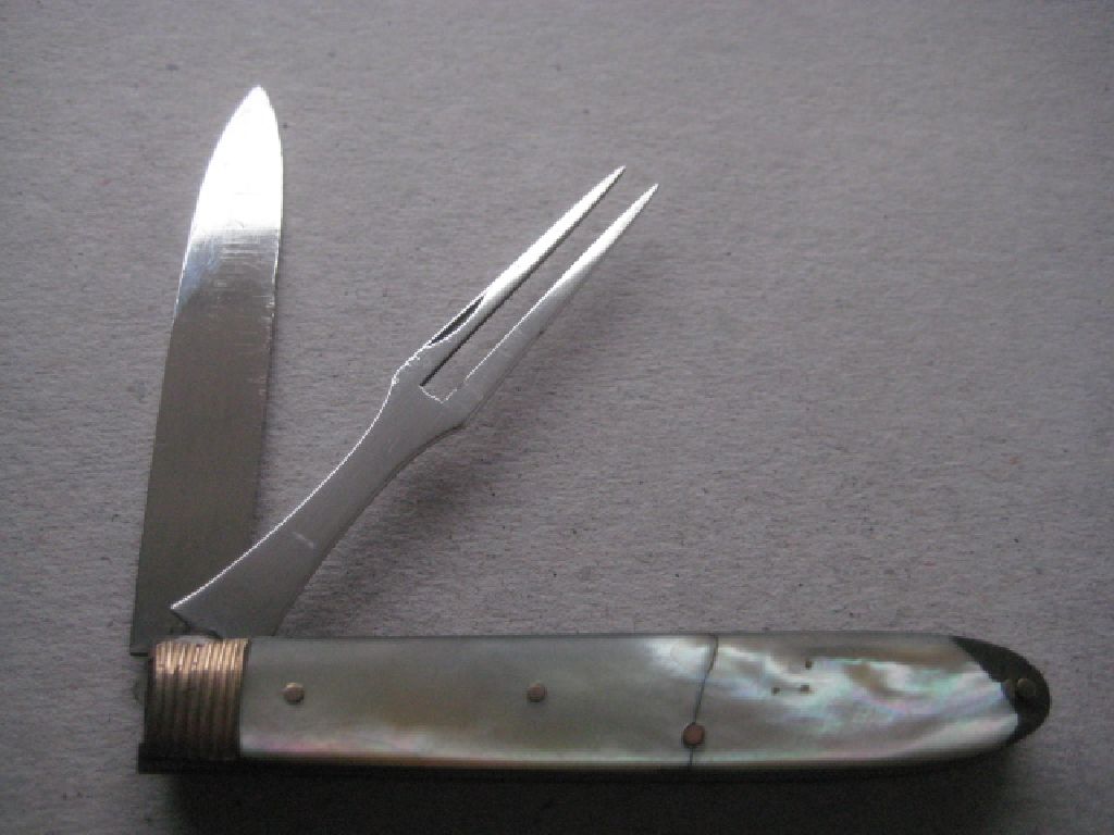 Rare George III Gold Mounted Slotting Silver Bladed Folding Fruit Knife and Folding Fork