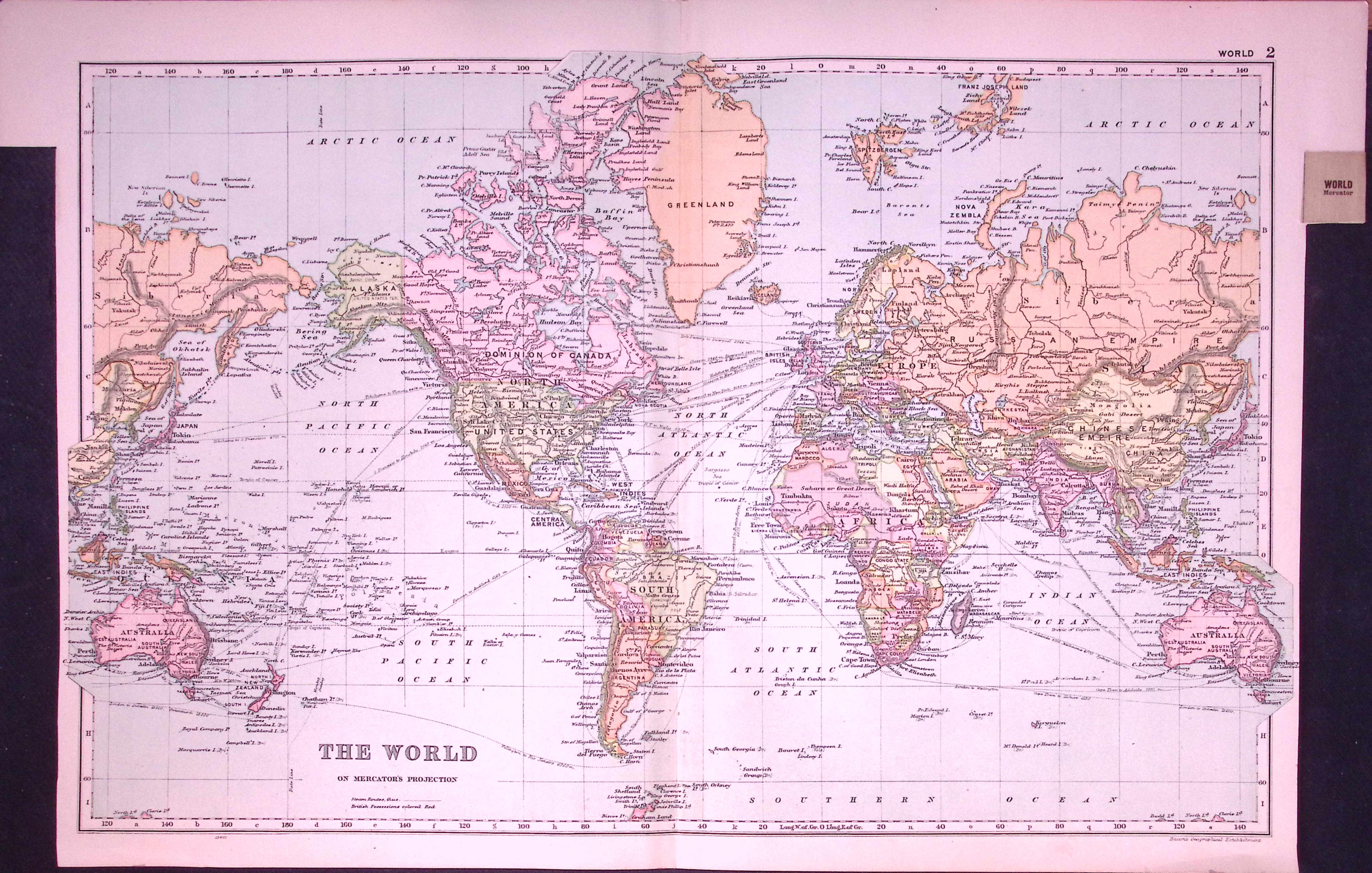 World Mercators Projection 120-Year-Old Large Antique Map by G.W. Bacon-2