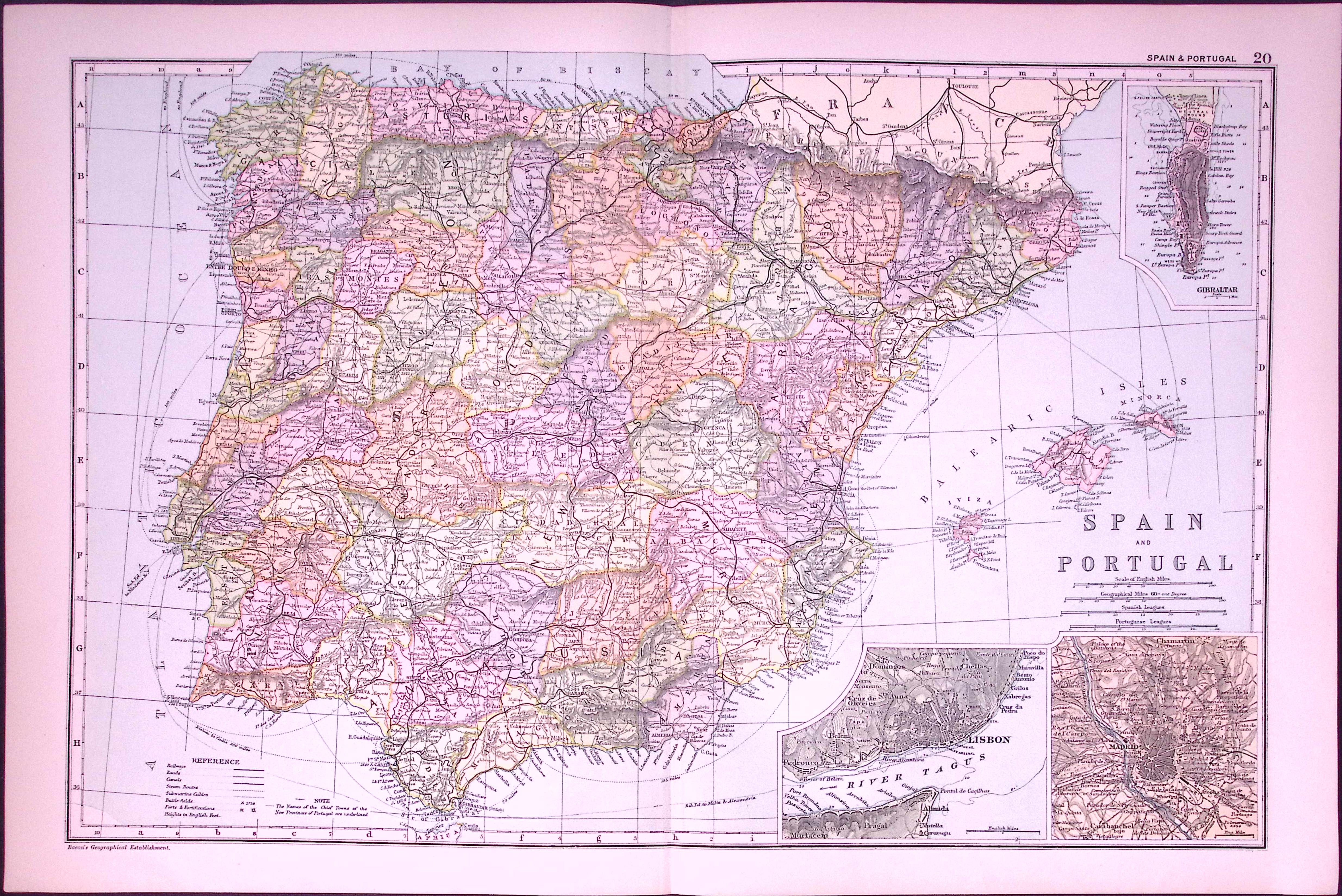 Spain & Portugal 120-Year-Old Large Antique Map by G.W. Bacon-20