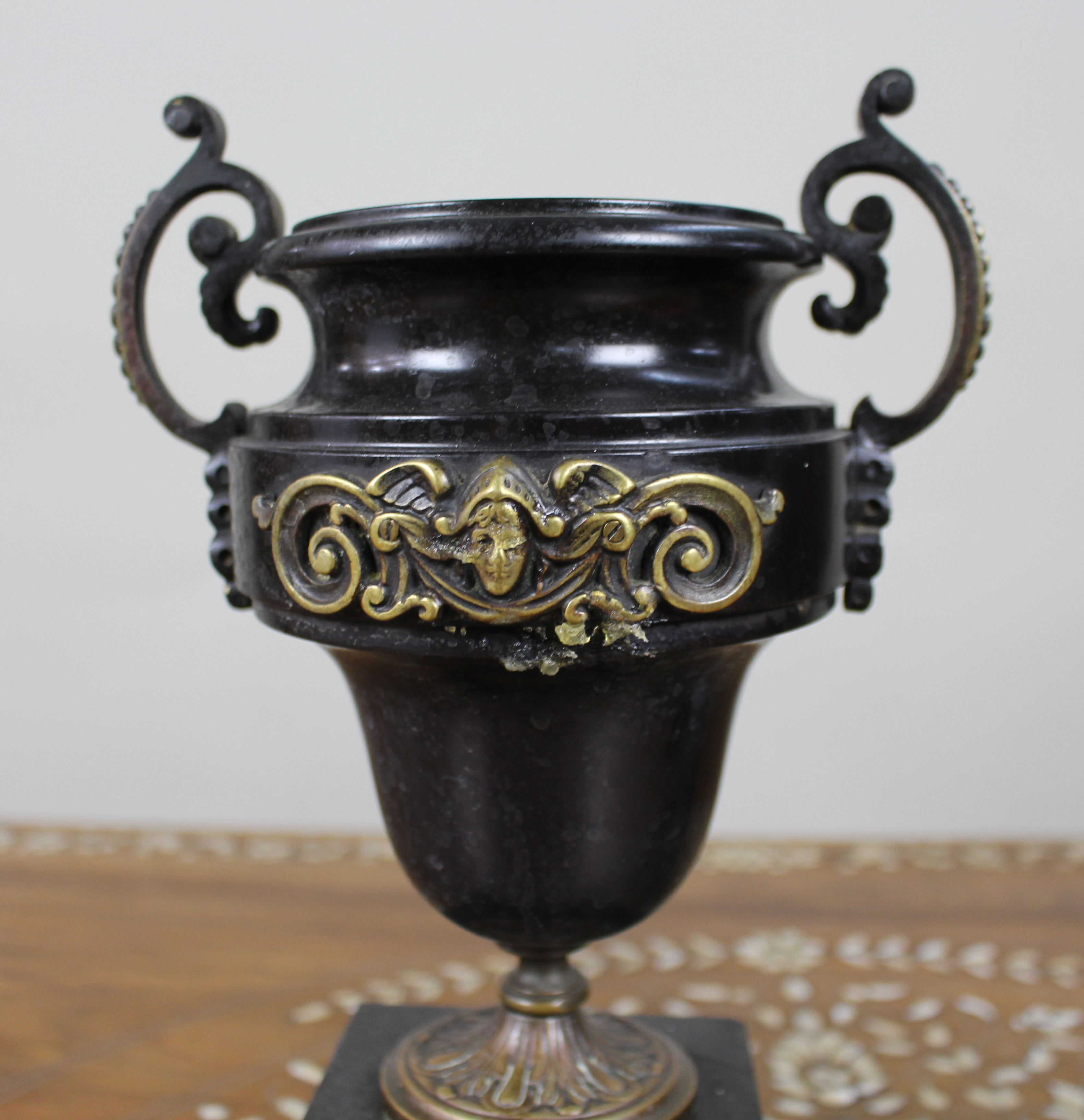 Pair of French Bronze and Marble Urns