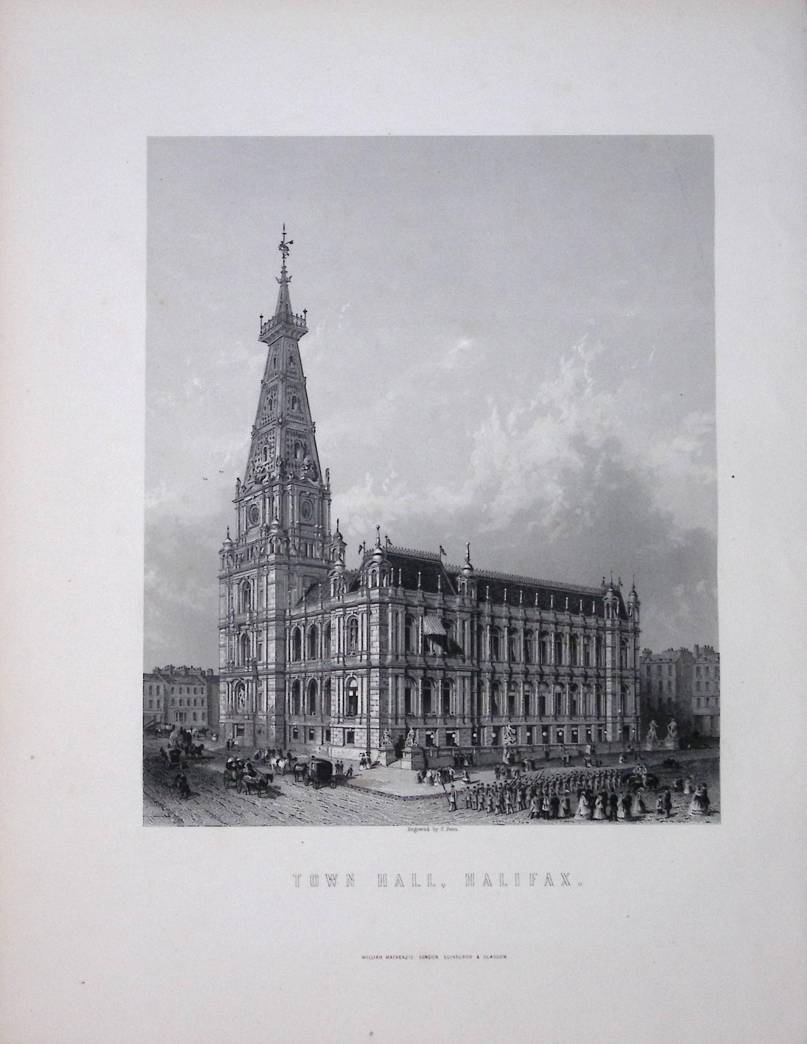 Yorkshire the Town Hall Halifax Victorian Antique 150 Years-Old Engraving-7