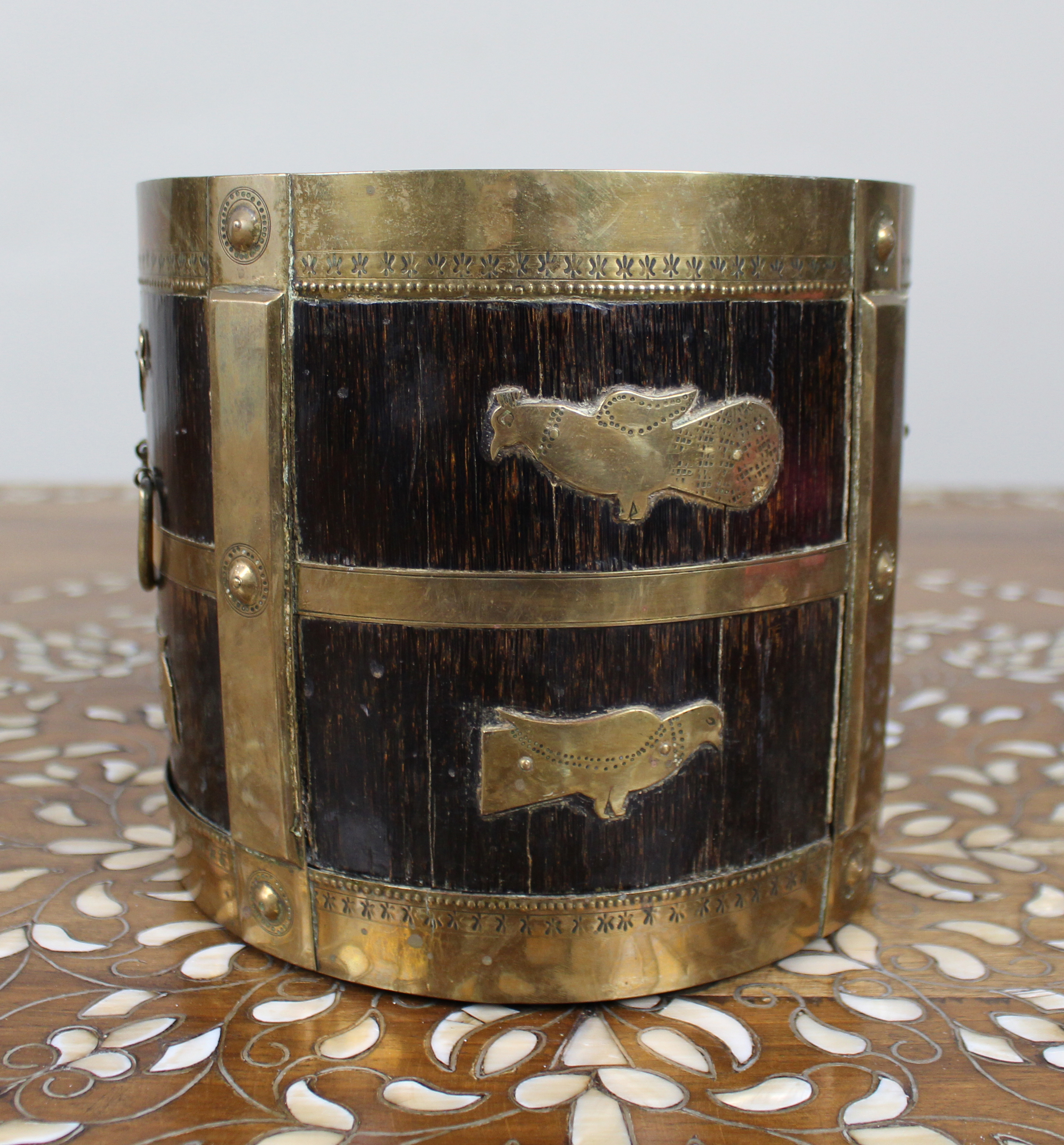 Early 20th Century Indian Brass-Mounted Wooden Bucket with Zodiac Animal Motifs