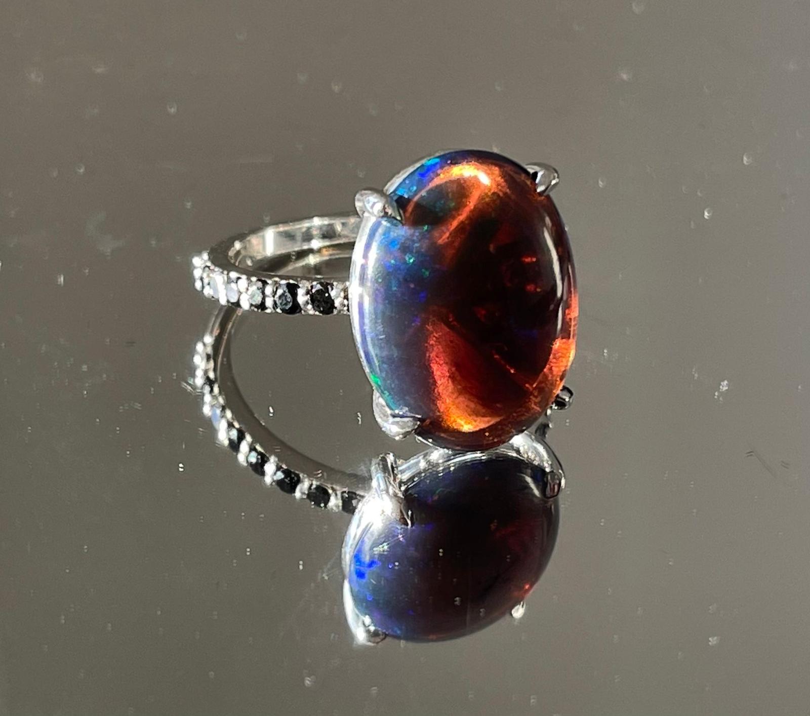 Beautiful 5.22 CT Natural Black Opal Ring With Natural Black Diamond & 18k Gold