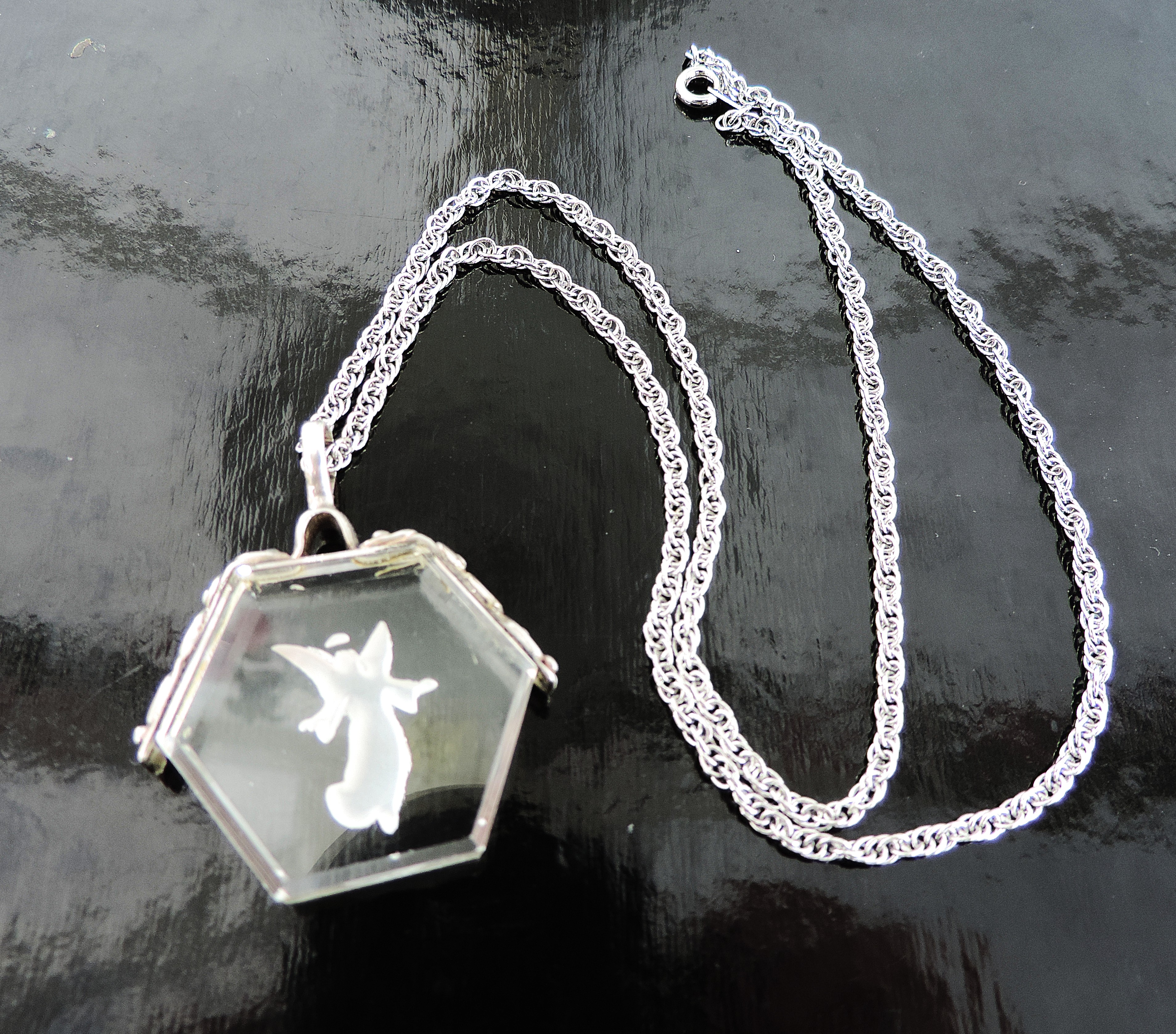 Antique 925 Silver Rock Crystal Carved Angel Intaglio Necklace