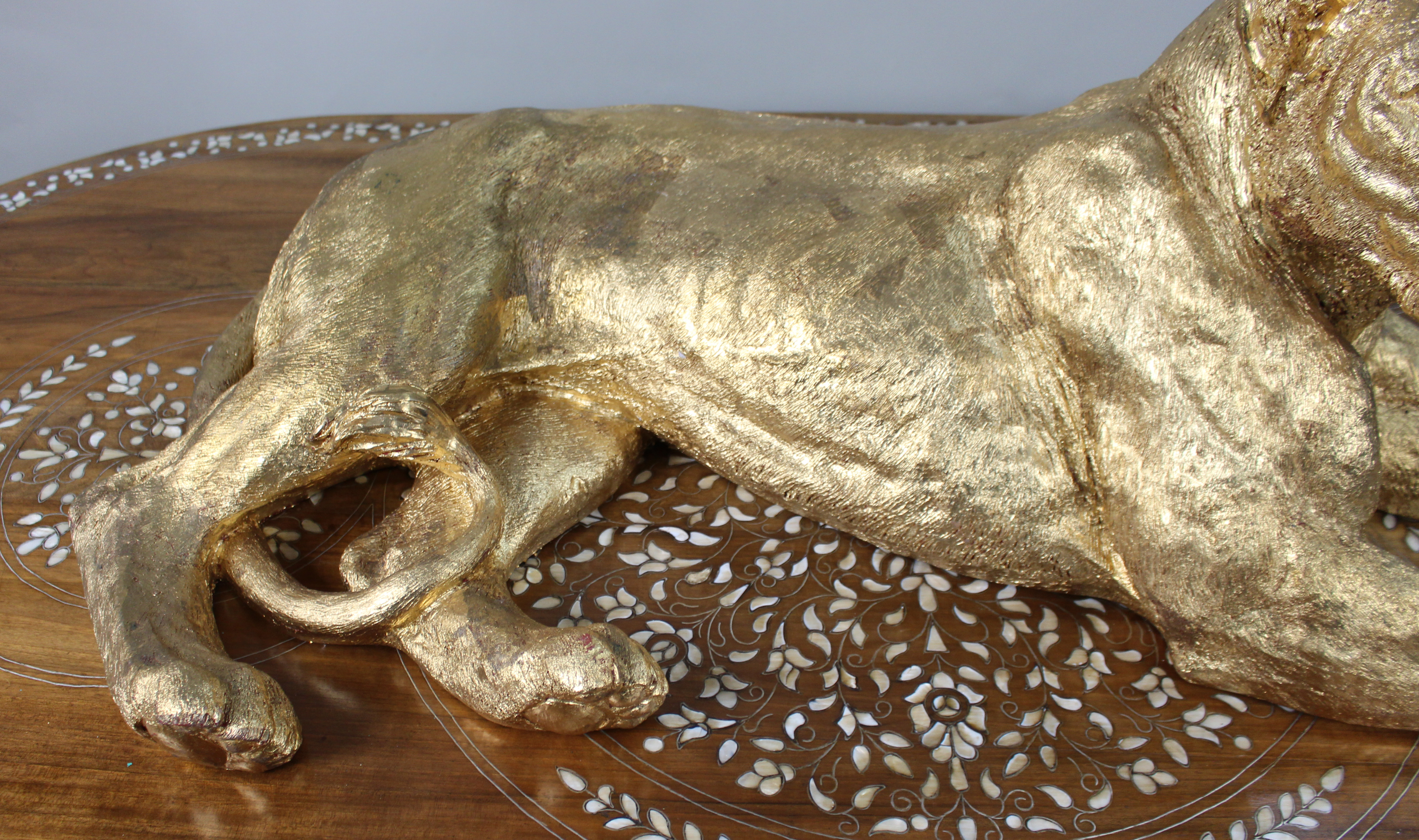 Large Reclining Lioness Sculpture Resin with Hand-Applied Gold Leaf Finish