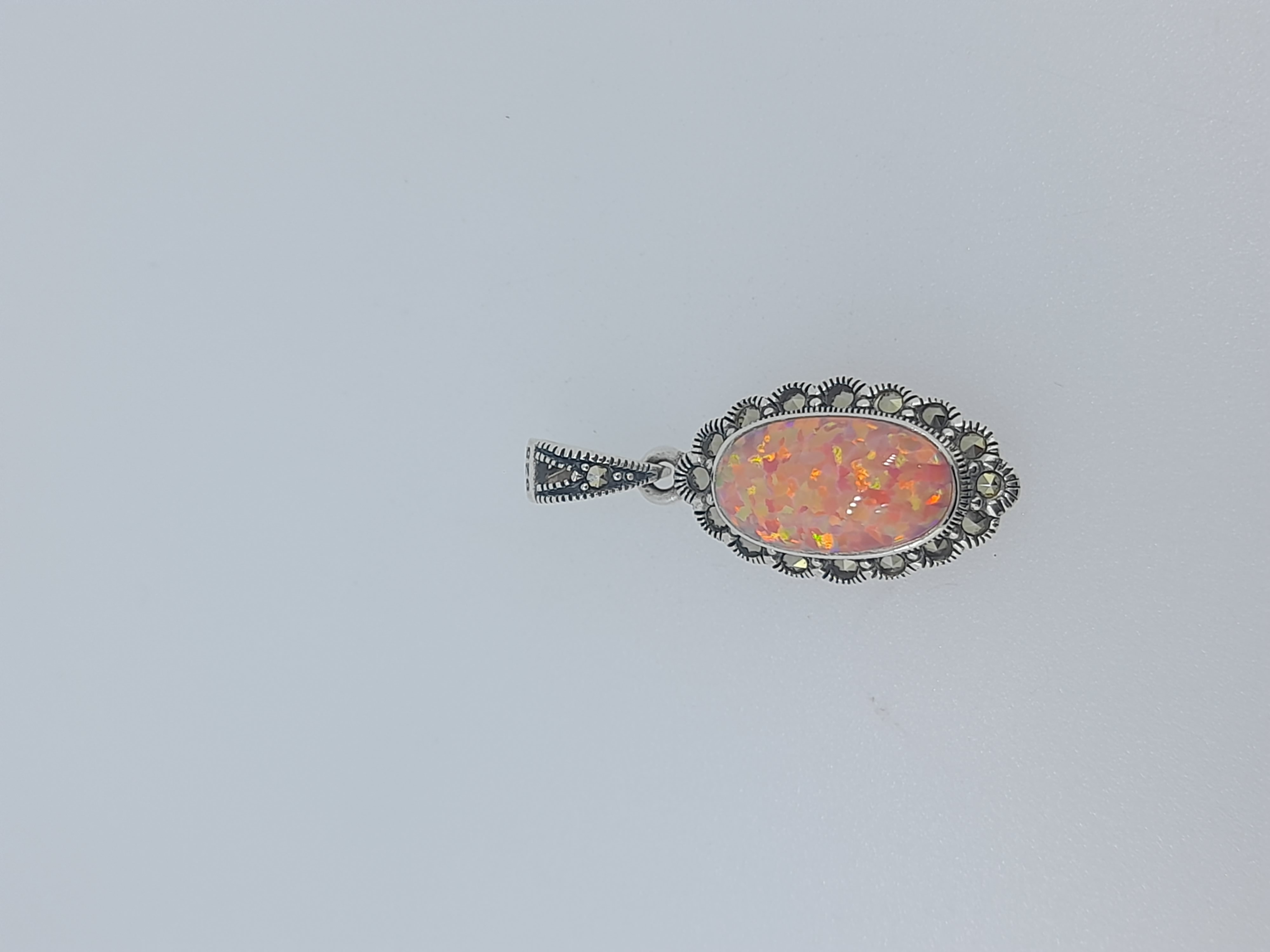 Silver Synthetic Fire Opal and Marcasite Set Pendant