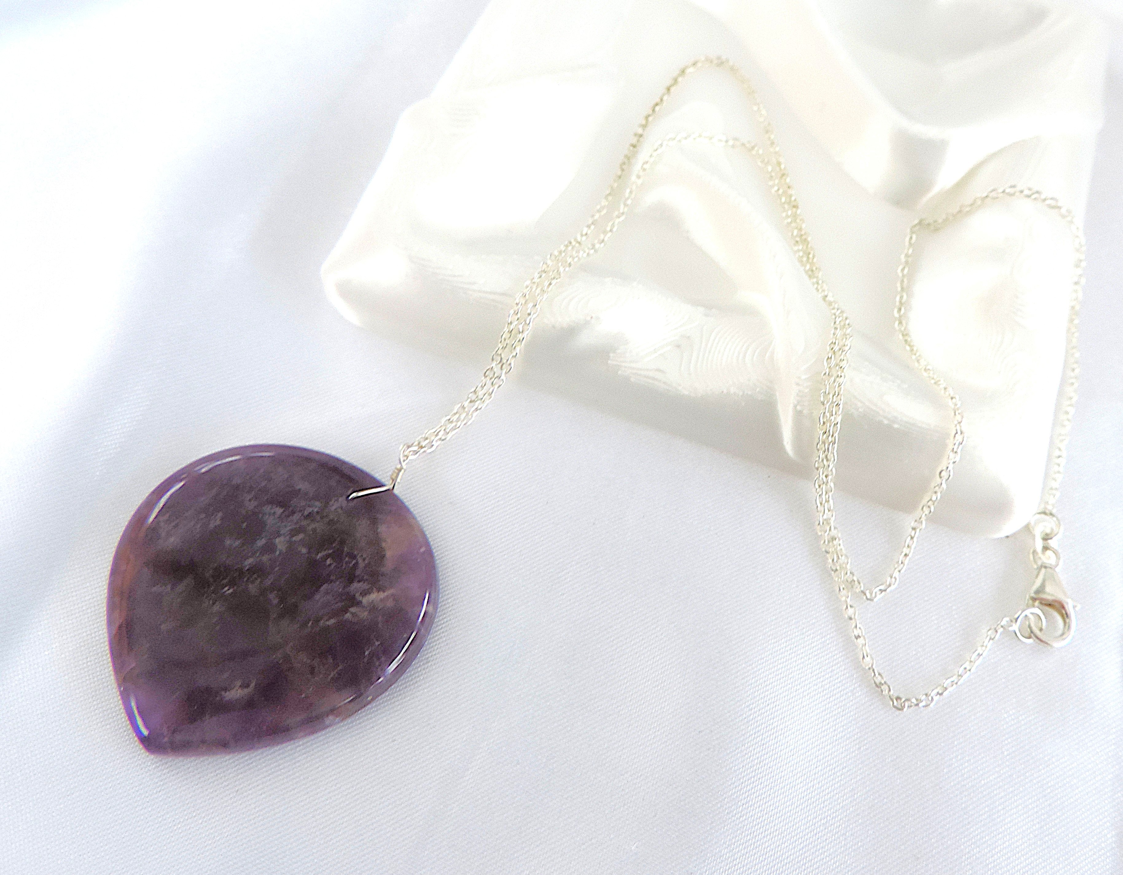Polished Amethyst Gemstone Heart Necklace on 20 Inch 925 Silver Chain