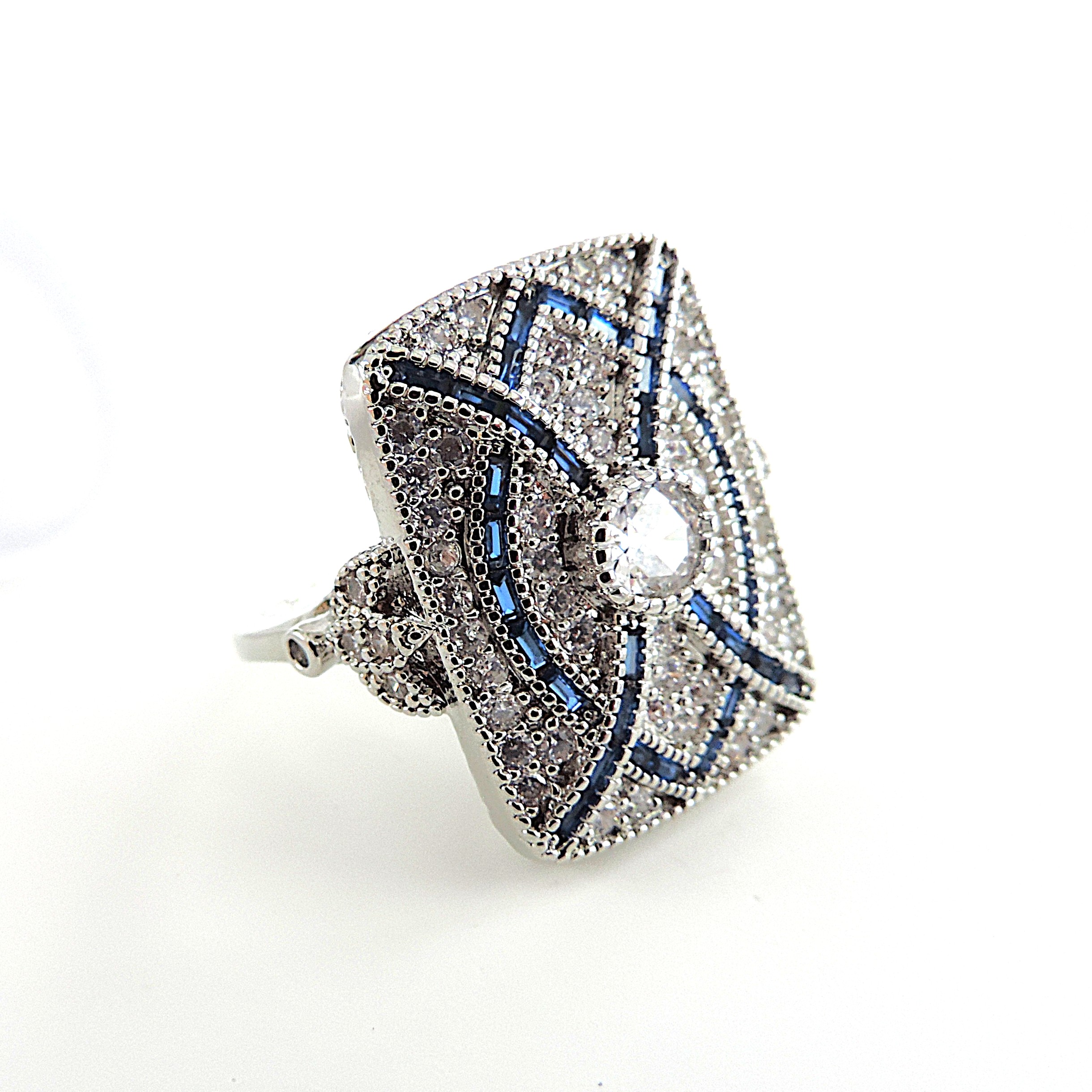Art Deco Style Blue & White Gemstone Ring with Gift Box