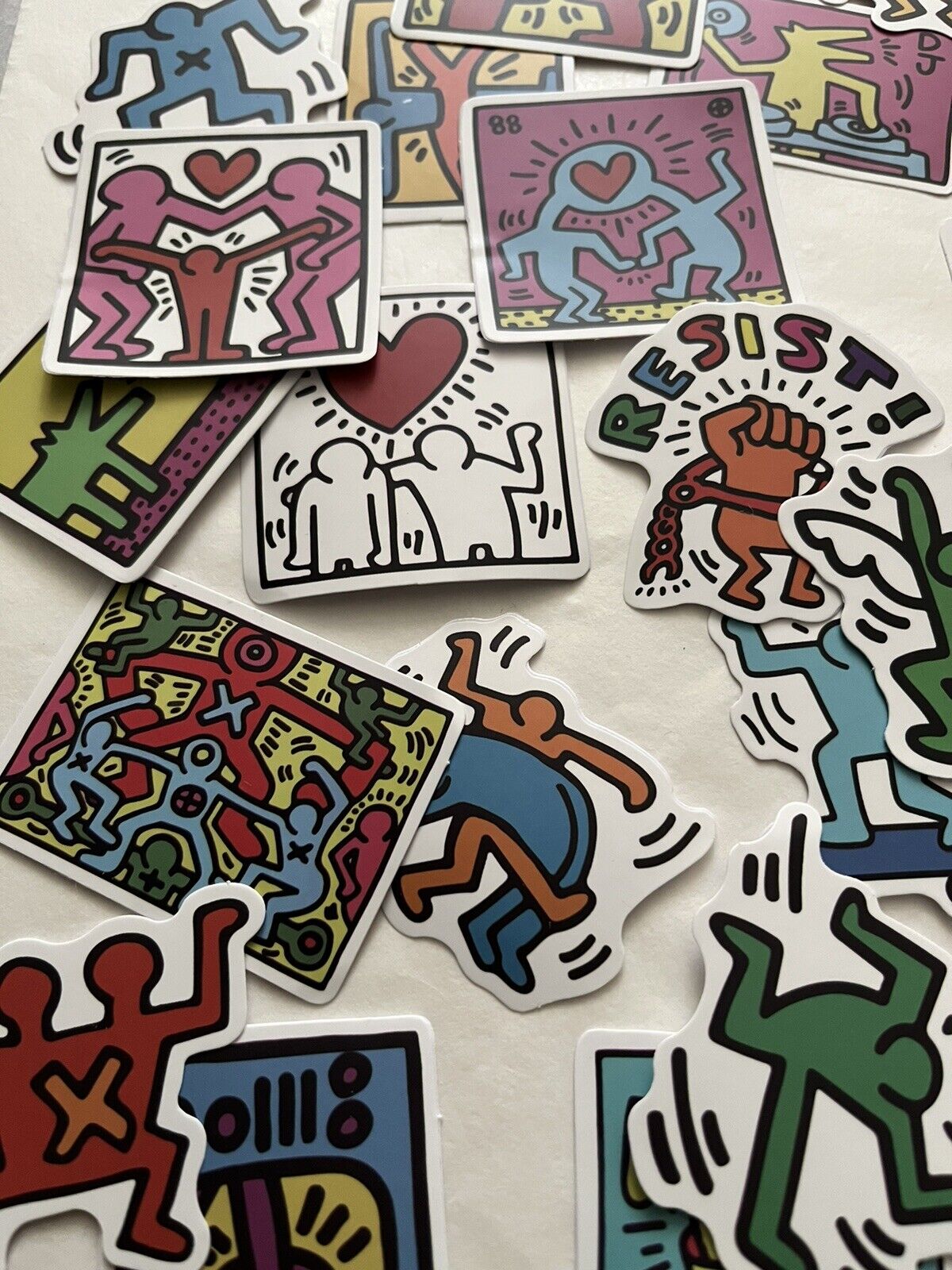 Keith Haring (1958-1990) 25 Piece Sticker Set, AV Size 5 x 5 cm Inc Family Hug, Disco Dino, 2020