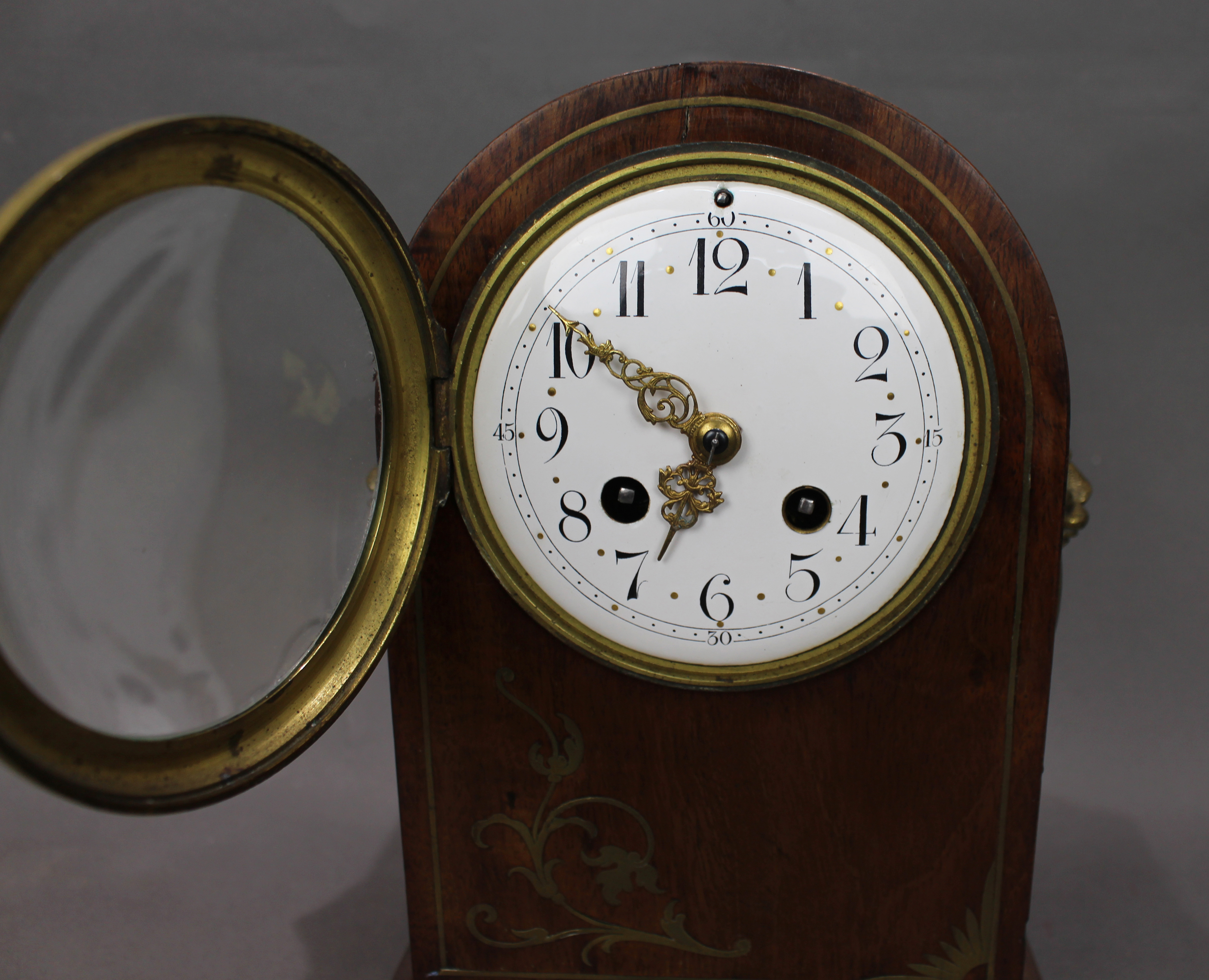 Antique French Mahogany & Brass Inlaid Mantel Clock by Marti c.1900
