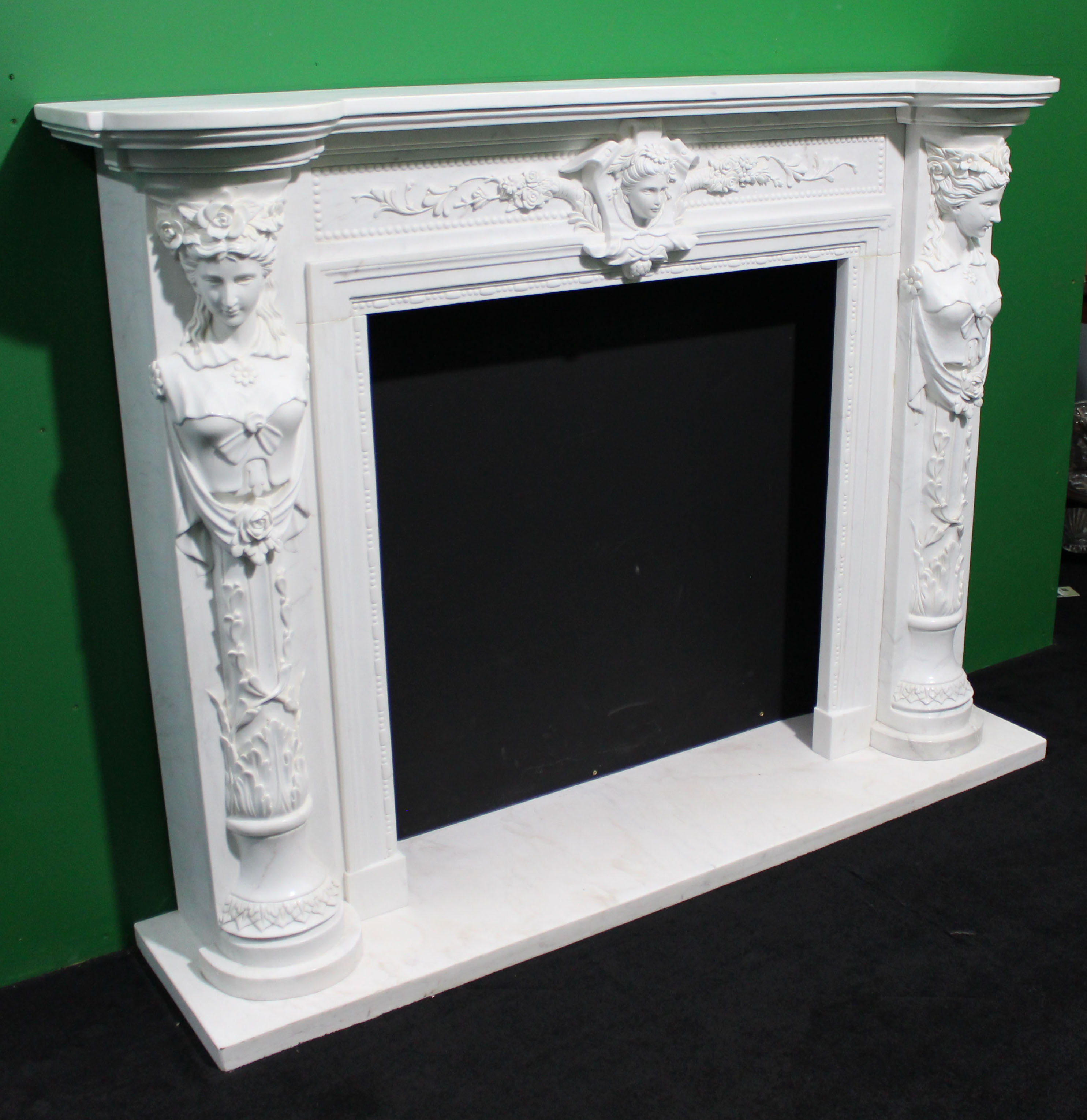 Fine Louis XVI Style Carved White Marble Fireplace Surround with Caryatid Figures