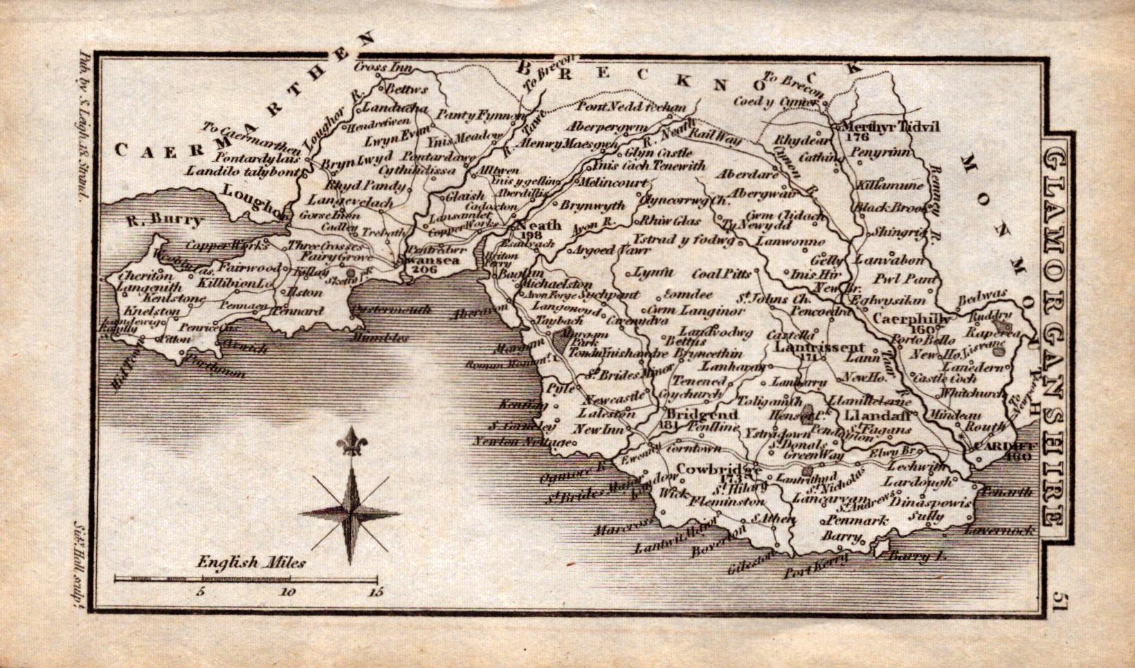 Wales Glamorganshire Antique Copper Engraved George IV Map by Sidney Hall.