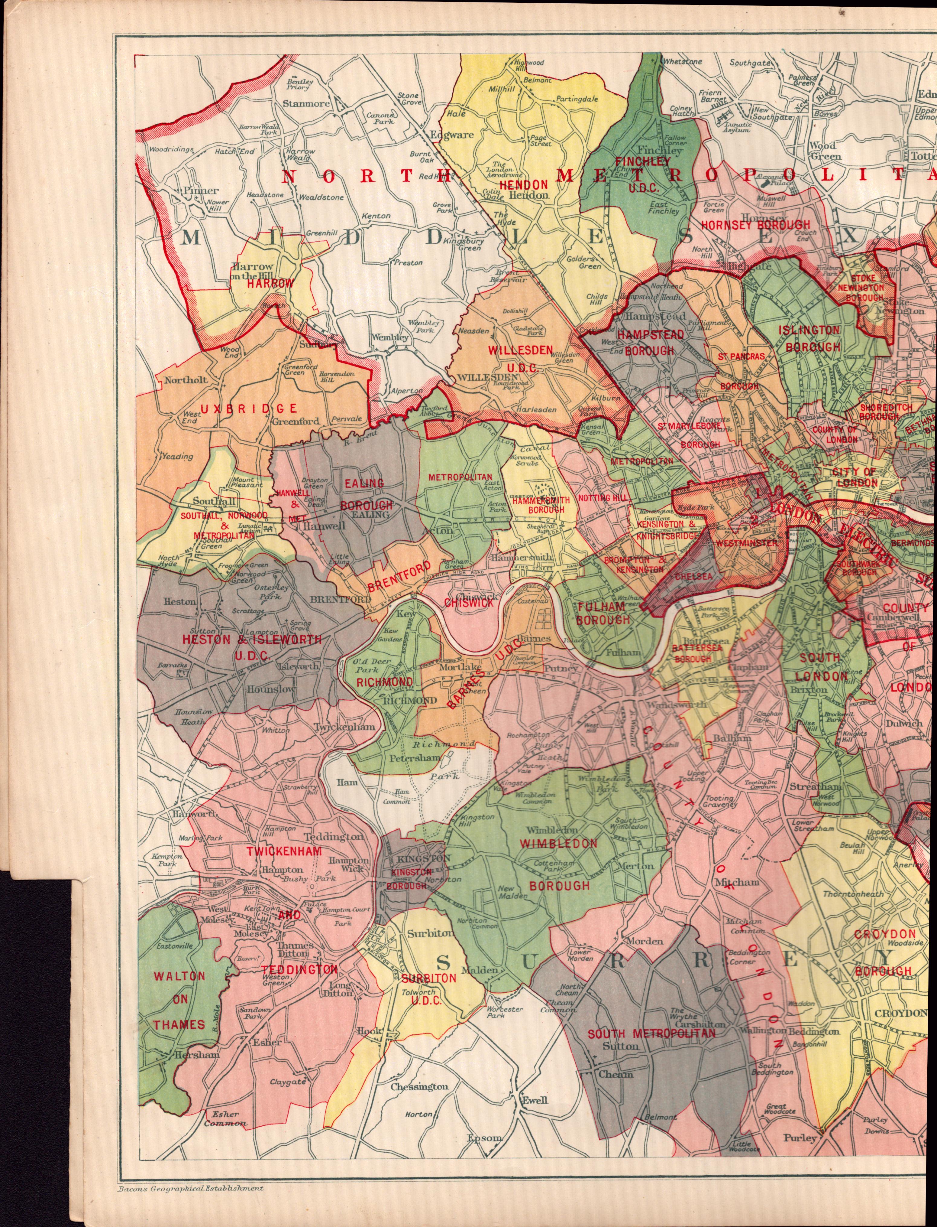 Bacons London Electric Supply Detailed  Map West Ham, Chelsea, Fulham.