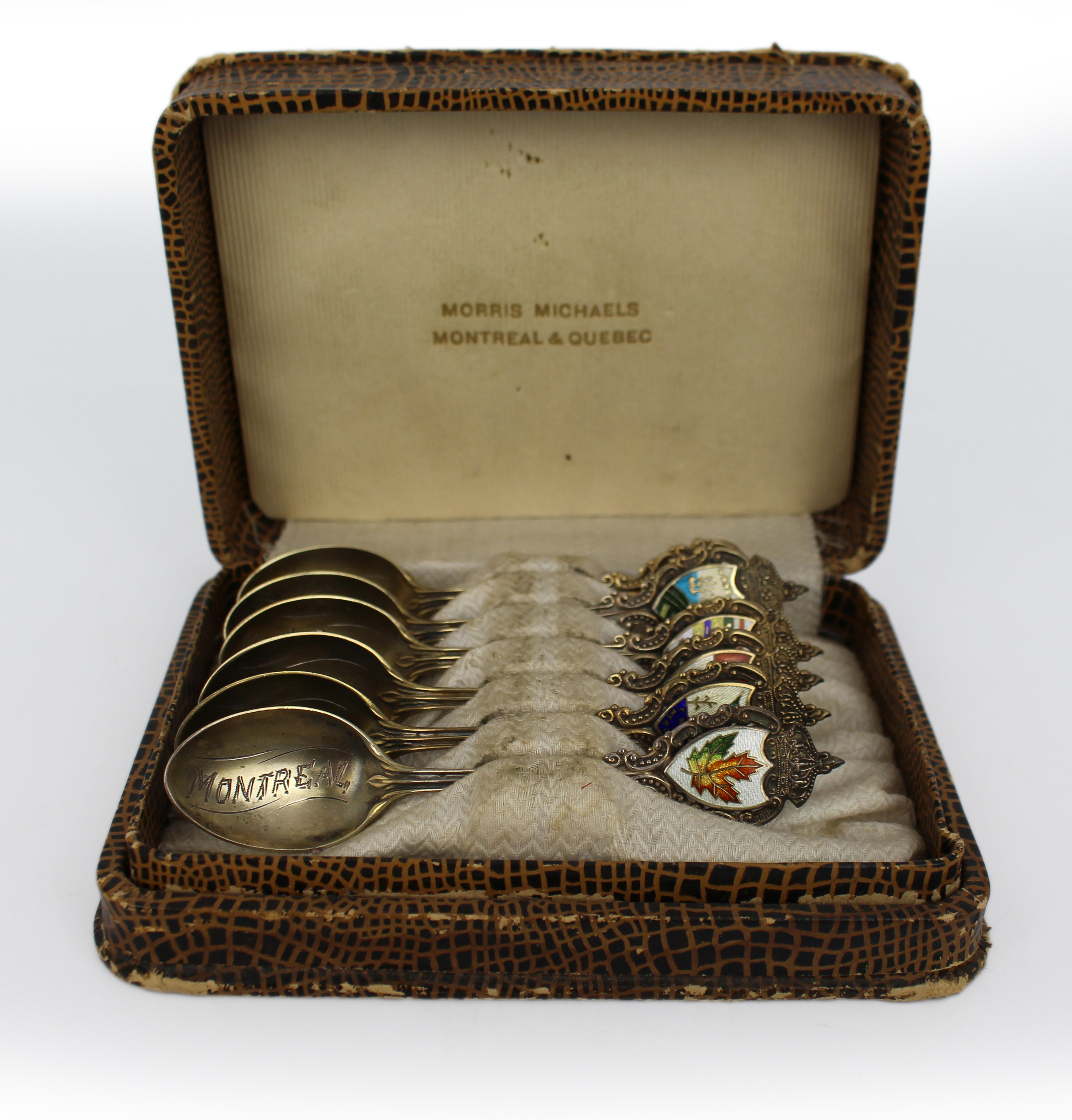 Cased Set of 6 Canadian Sterling Silver & Enamel Souvenir Spoons – Morris Michaels, c.1930s