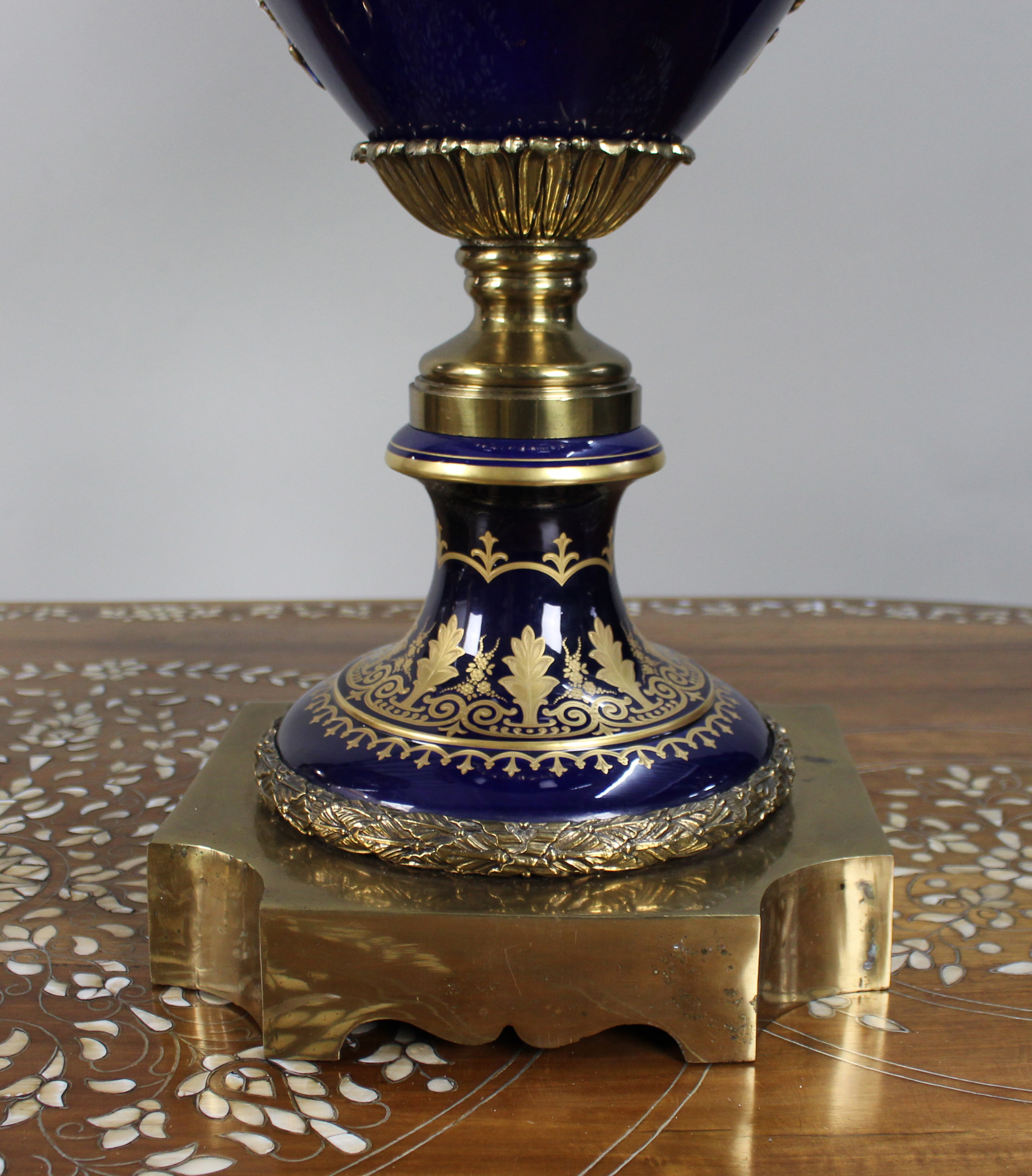 Pair of Fine Sevres Style Cobalt Blue Rams Head Lidded Urns