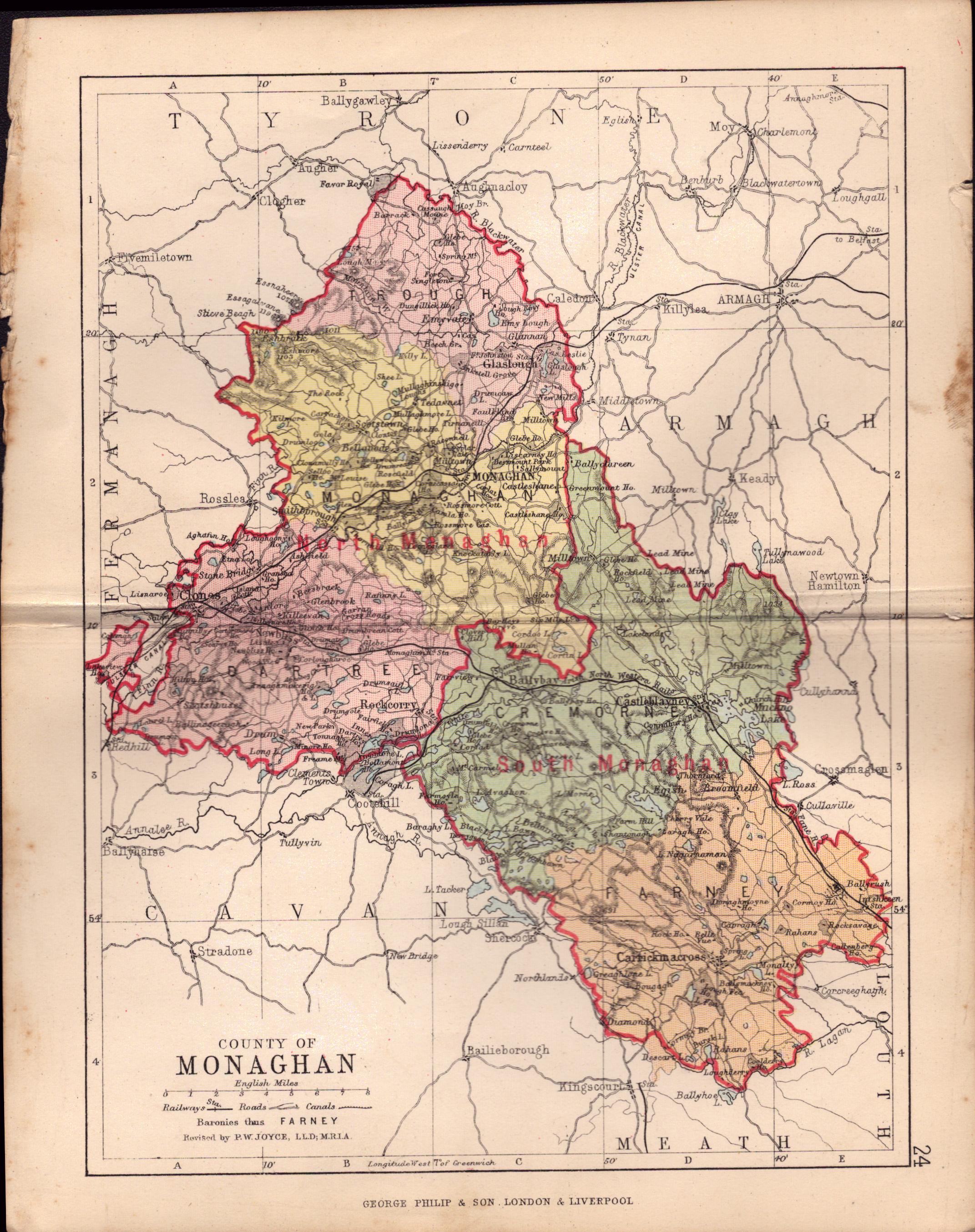 County Of Monaghan  Ireland Antique Detailed Coloured Victorian Map.