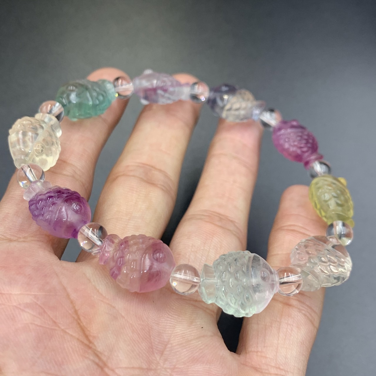 OTR-54, Awesome Natural Multi Colour Carved Fluorite Fish Beads Bracelet