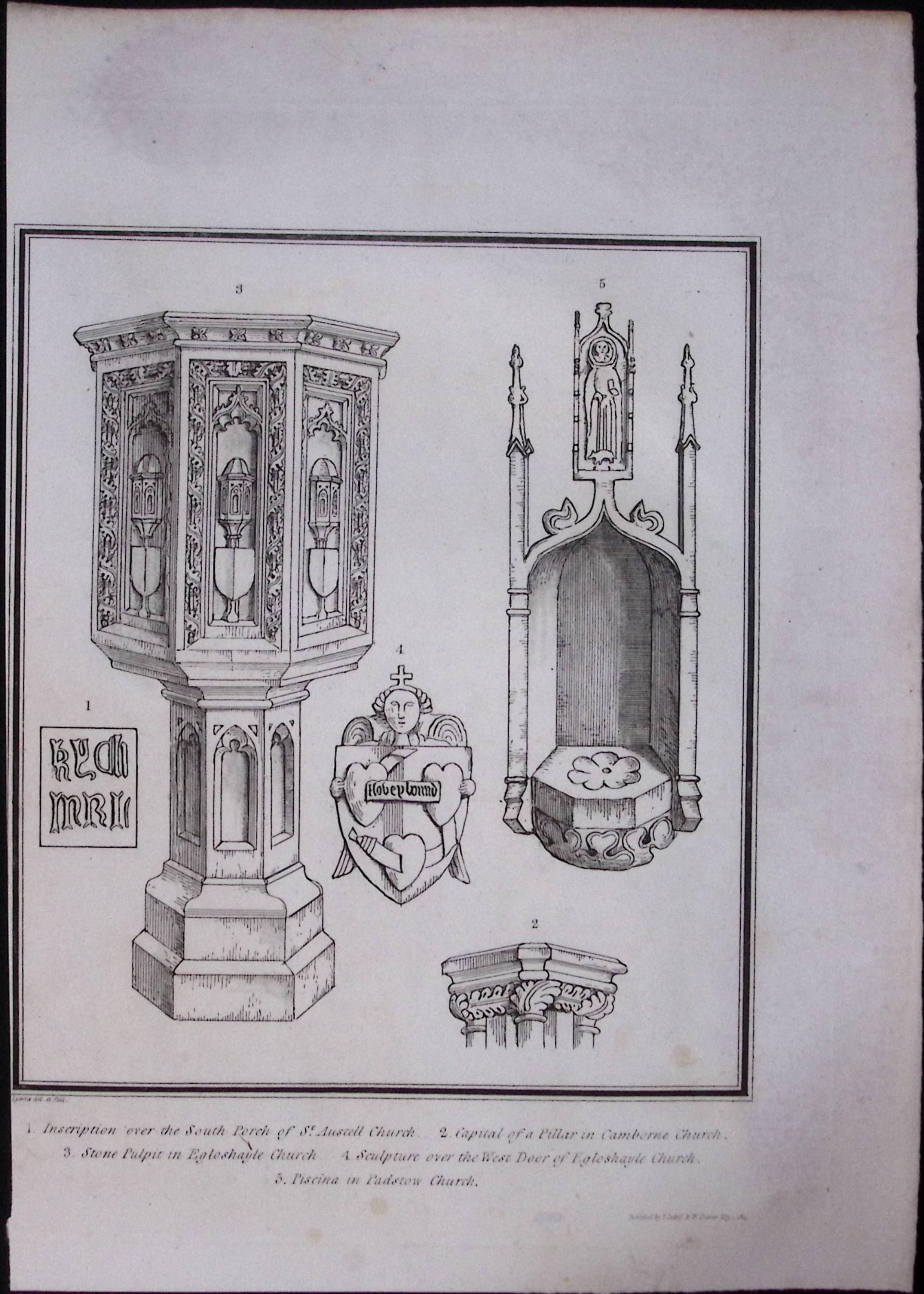 Cornwall South Porch St Austell Church Rare Antique Copper Plate Etching By S Lyons