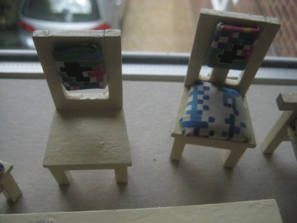 Vintage Dolls House Wooden Table, Settee Chair, and Three Chairs