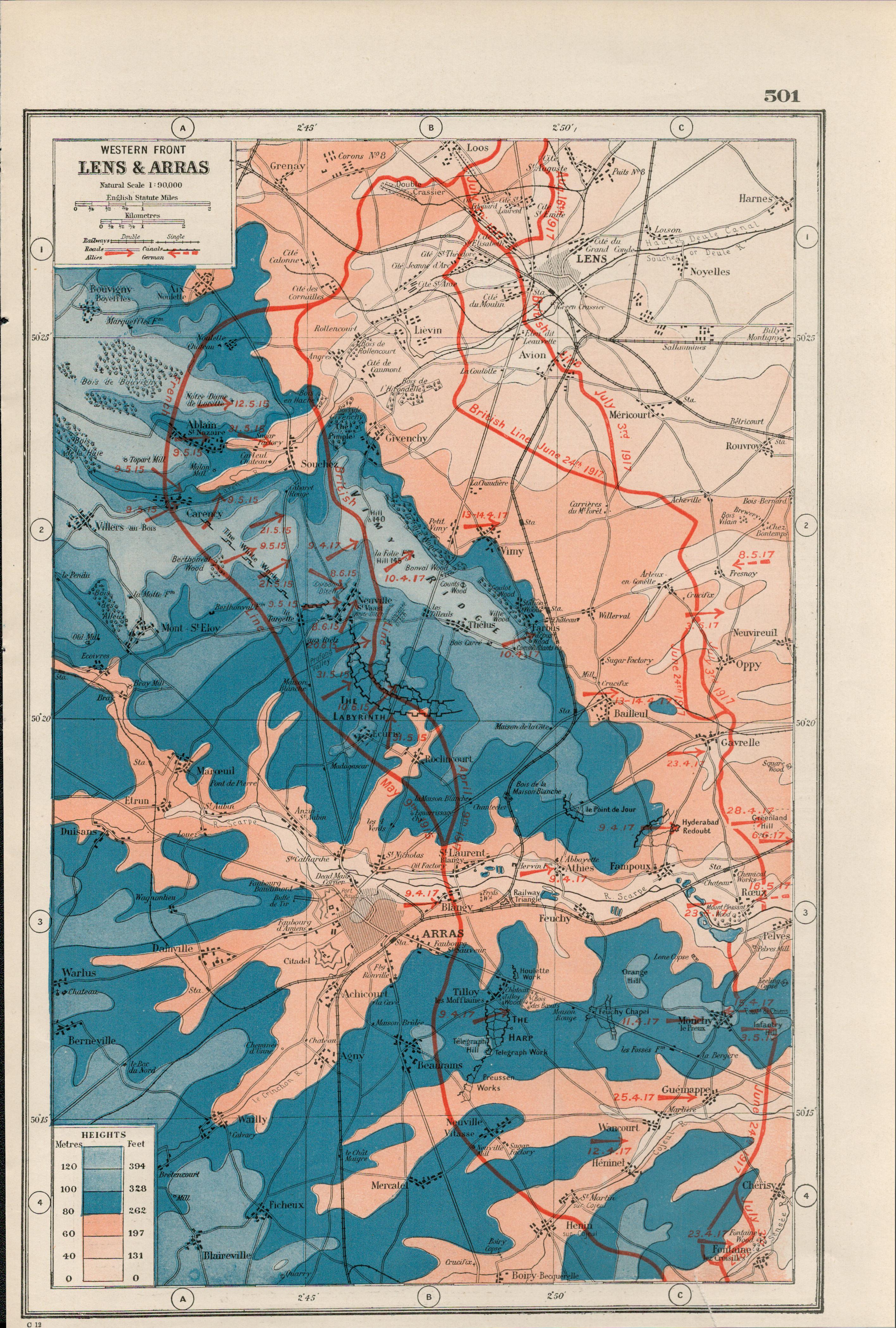 WW1 The Western Front Lens & Arras Coloured Antique 1922 Map-501