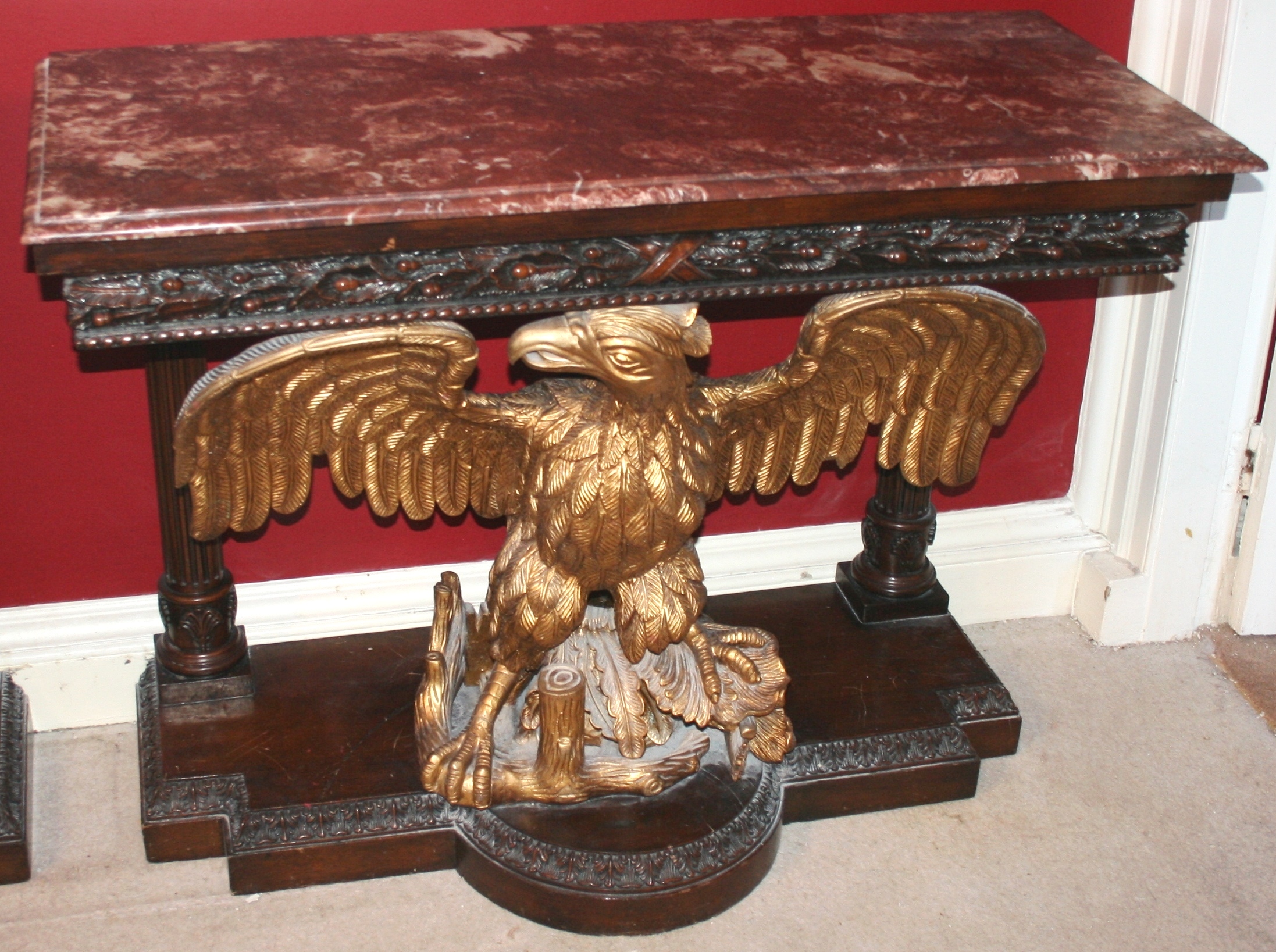 Pair of Marble Topped Mahogany & Giltwood Eagle Console Tables