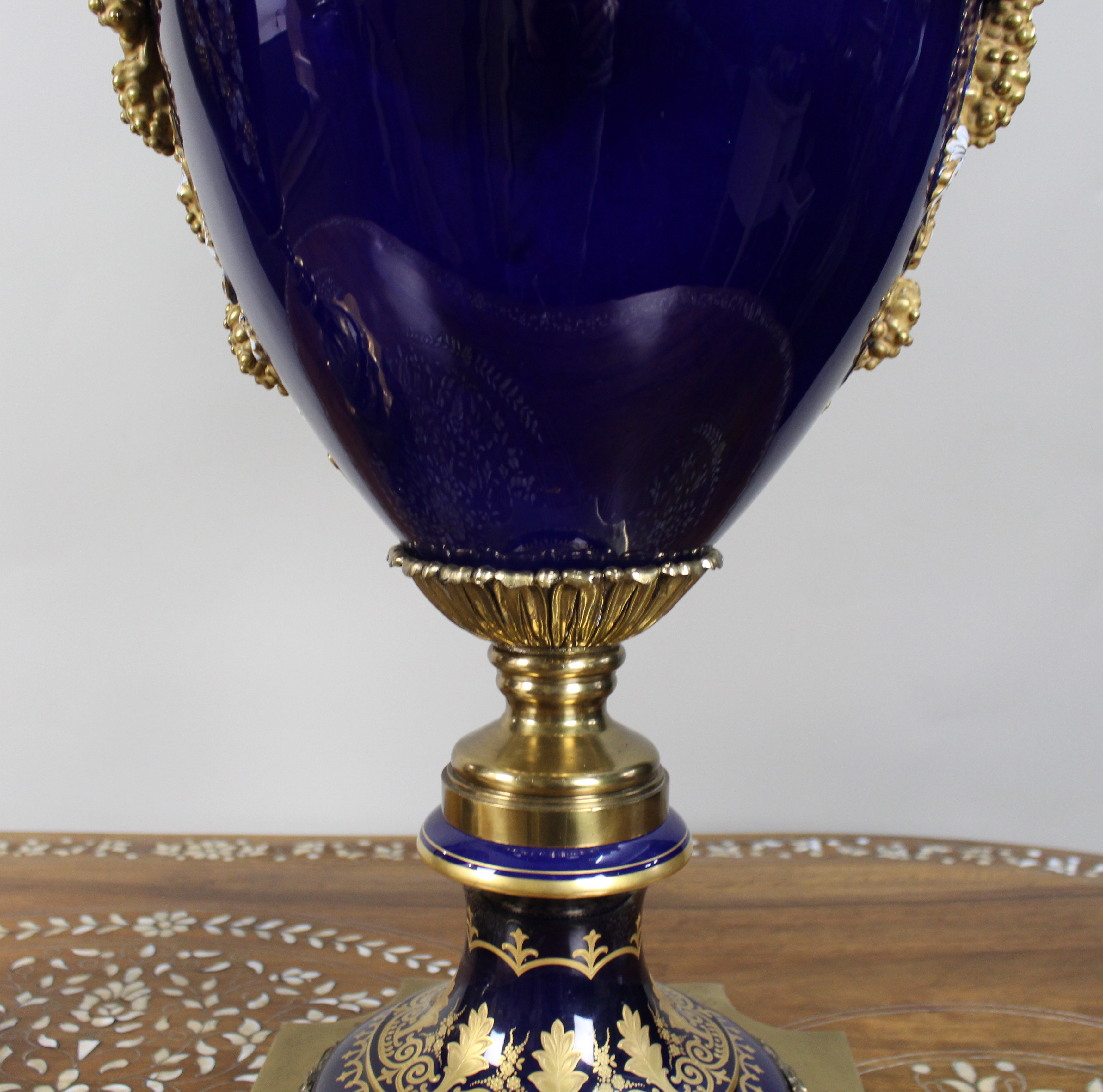 Pair of Fine Sevres Style Cobalt Blue Rams Head Lidded Urns