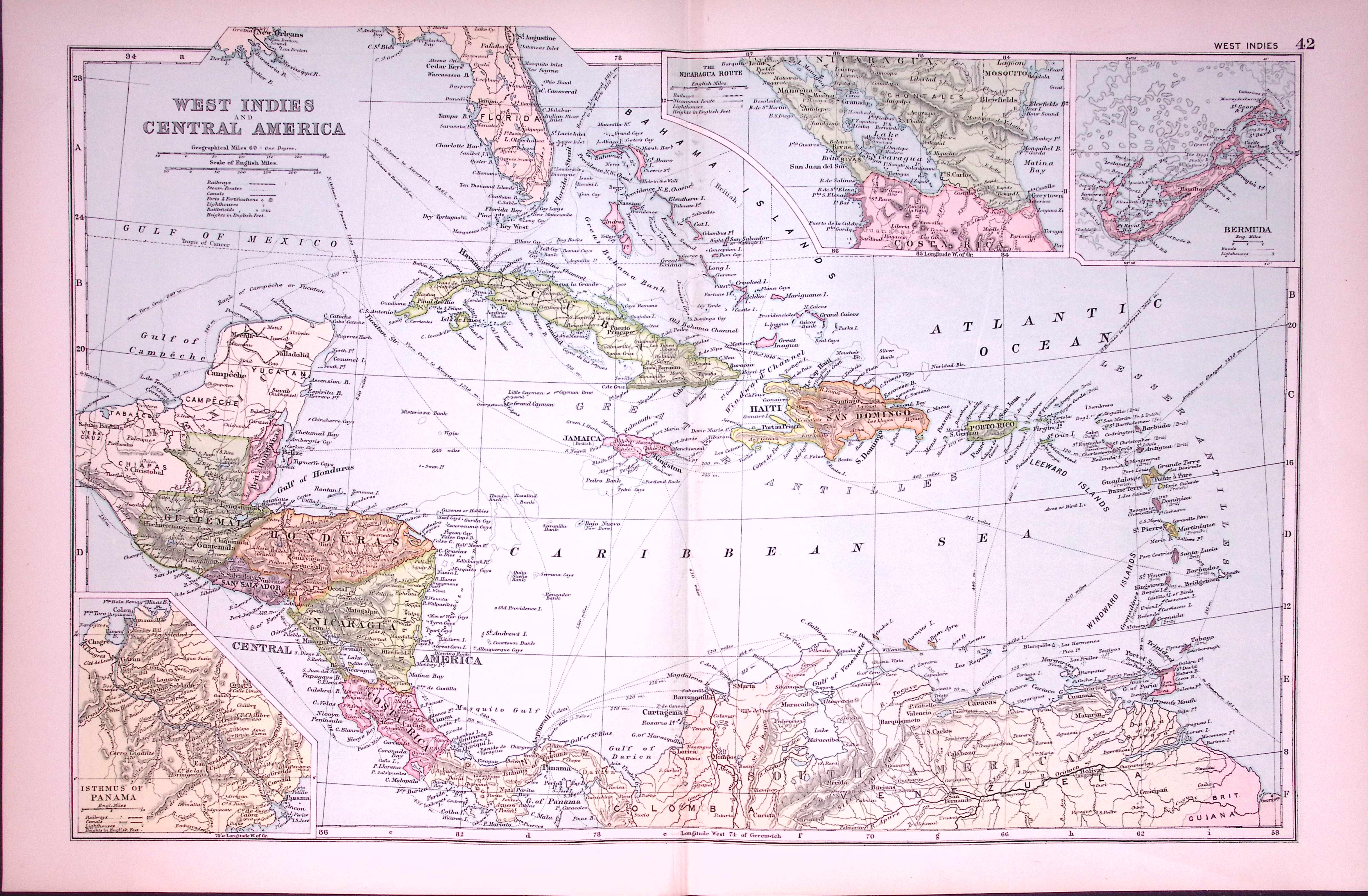 West Indies & Central America 120-Year-Old Large Antique Map by G.W. Bacon-42