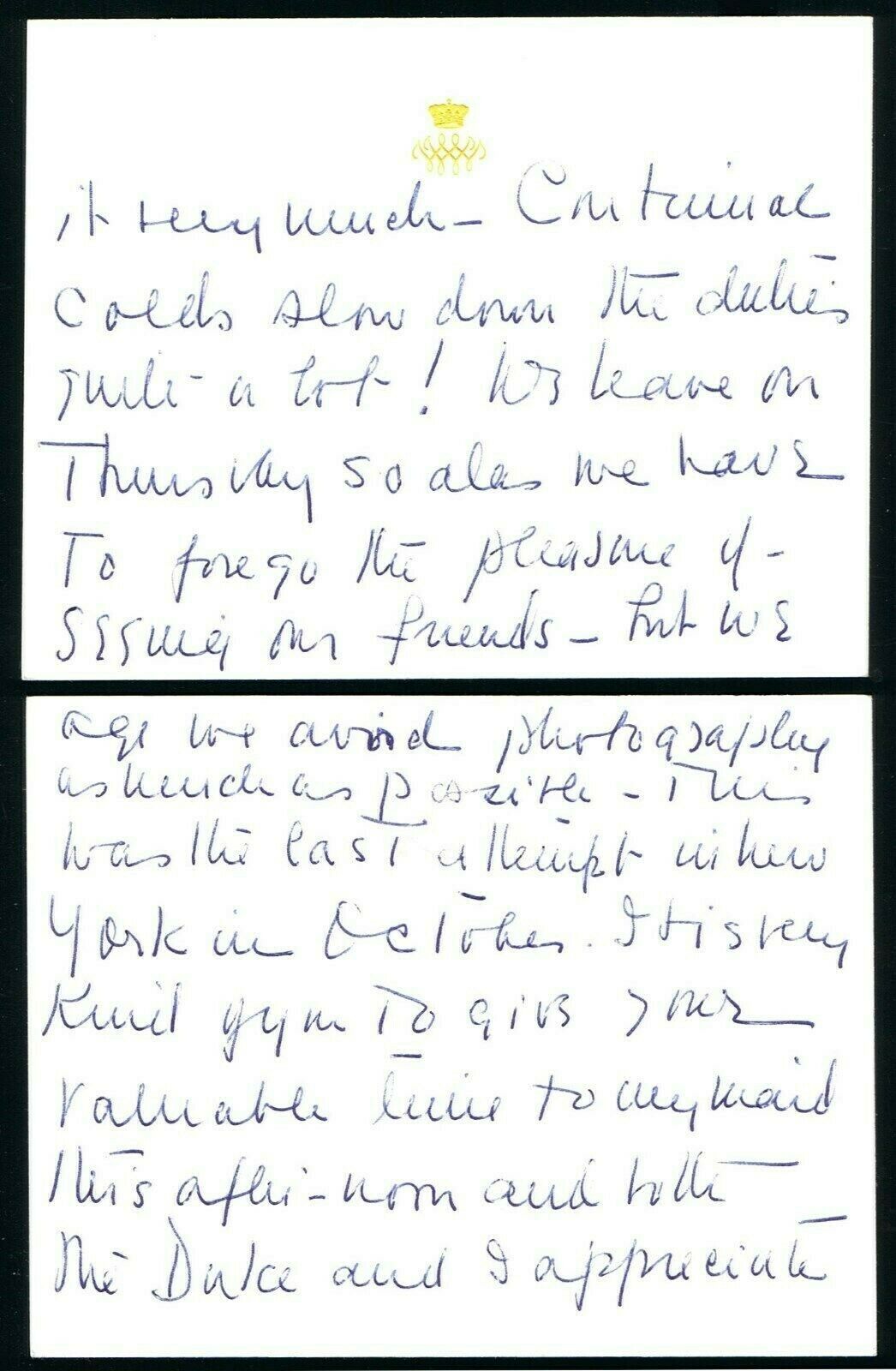 Royalty Duchess of Windsor (Wallis Simpson) two embossed cards handwritten in biro note from the