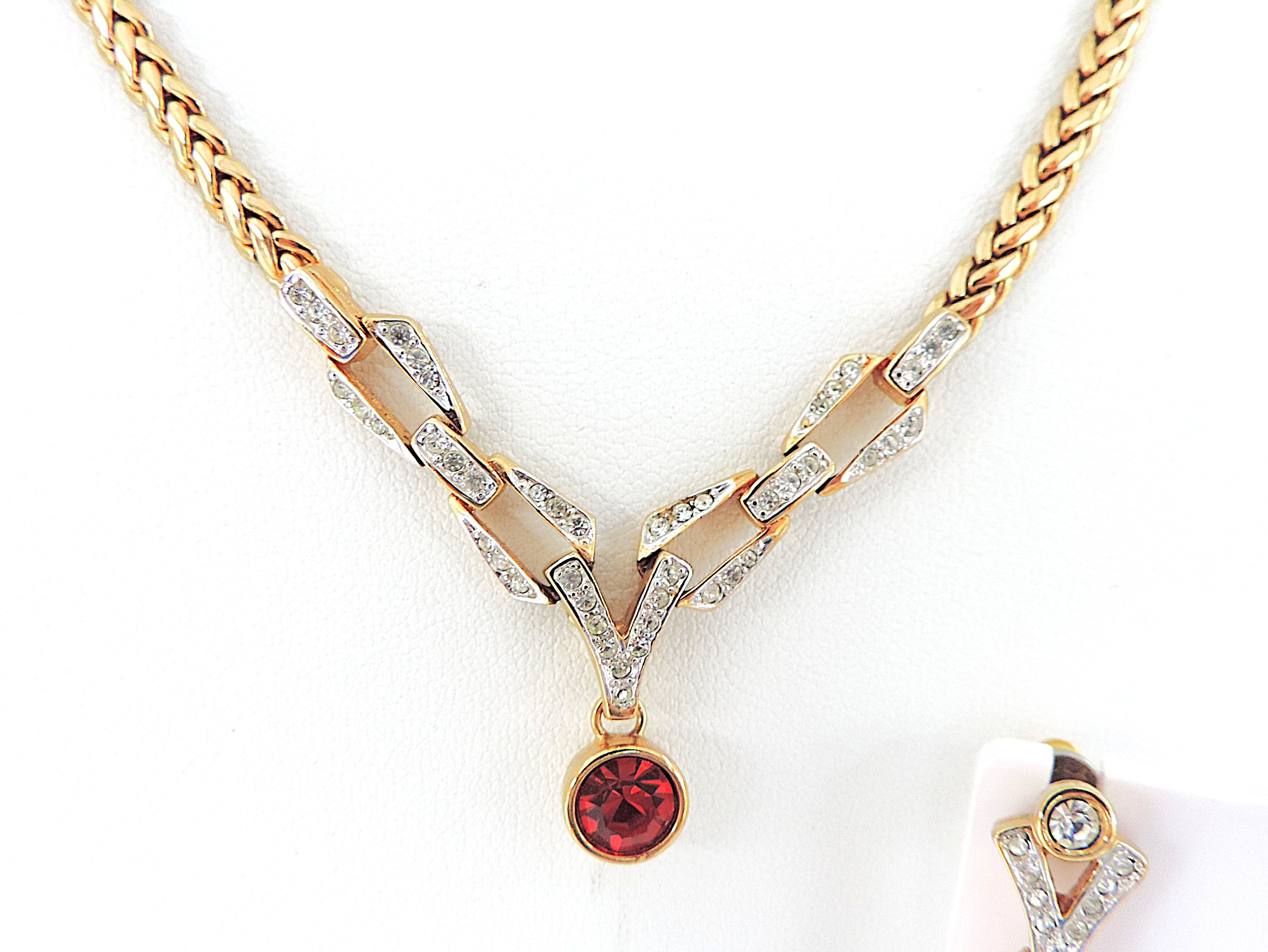 Vintage Gold Plated Austrian Crystal Necklace & Earrings Set c.1980's