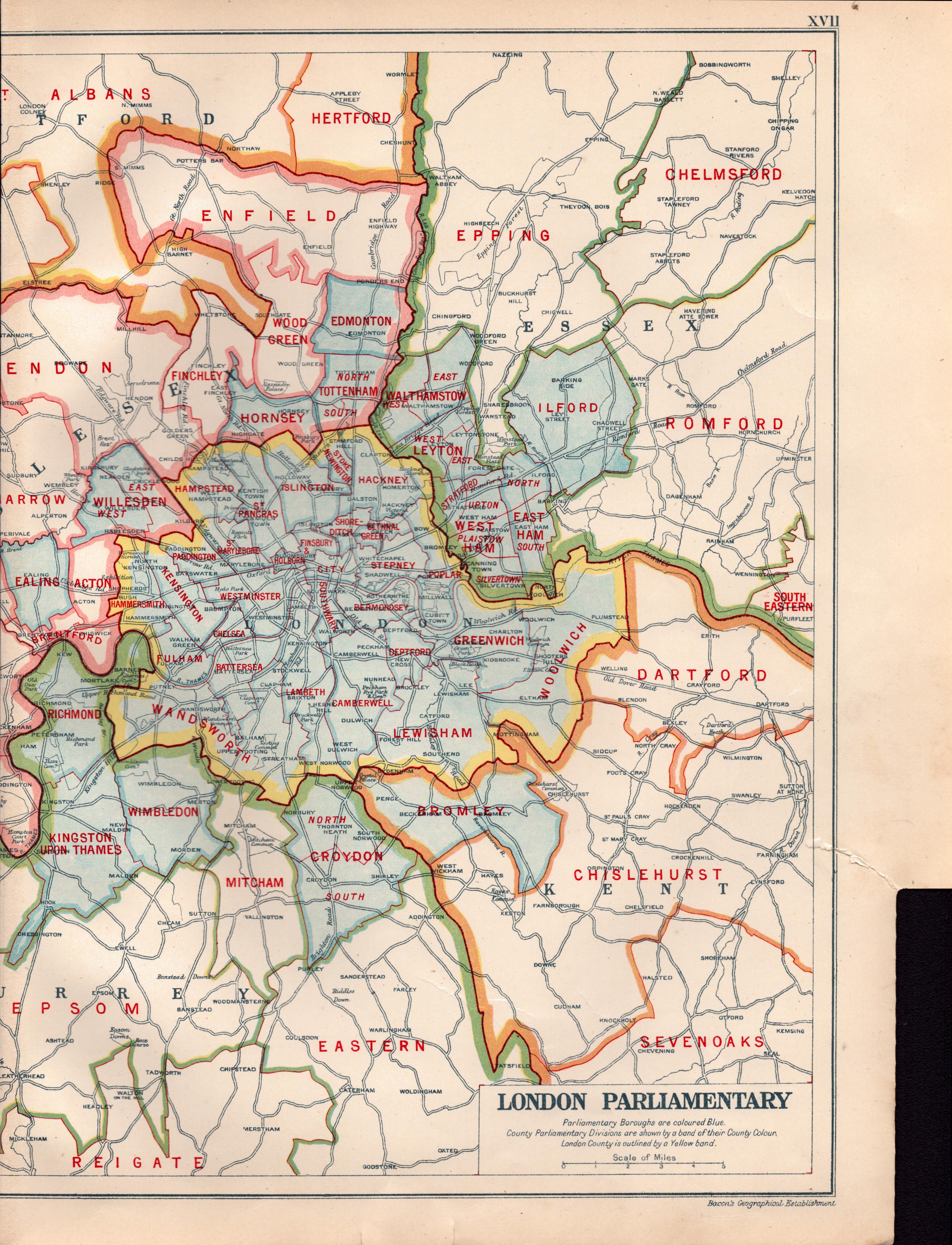 Bacons Vintage London & Environs Parliamentary Boroughs Detailed Map.