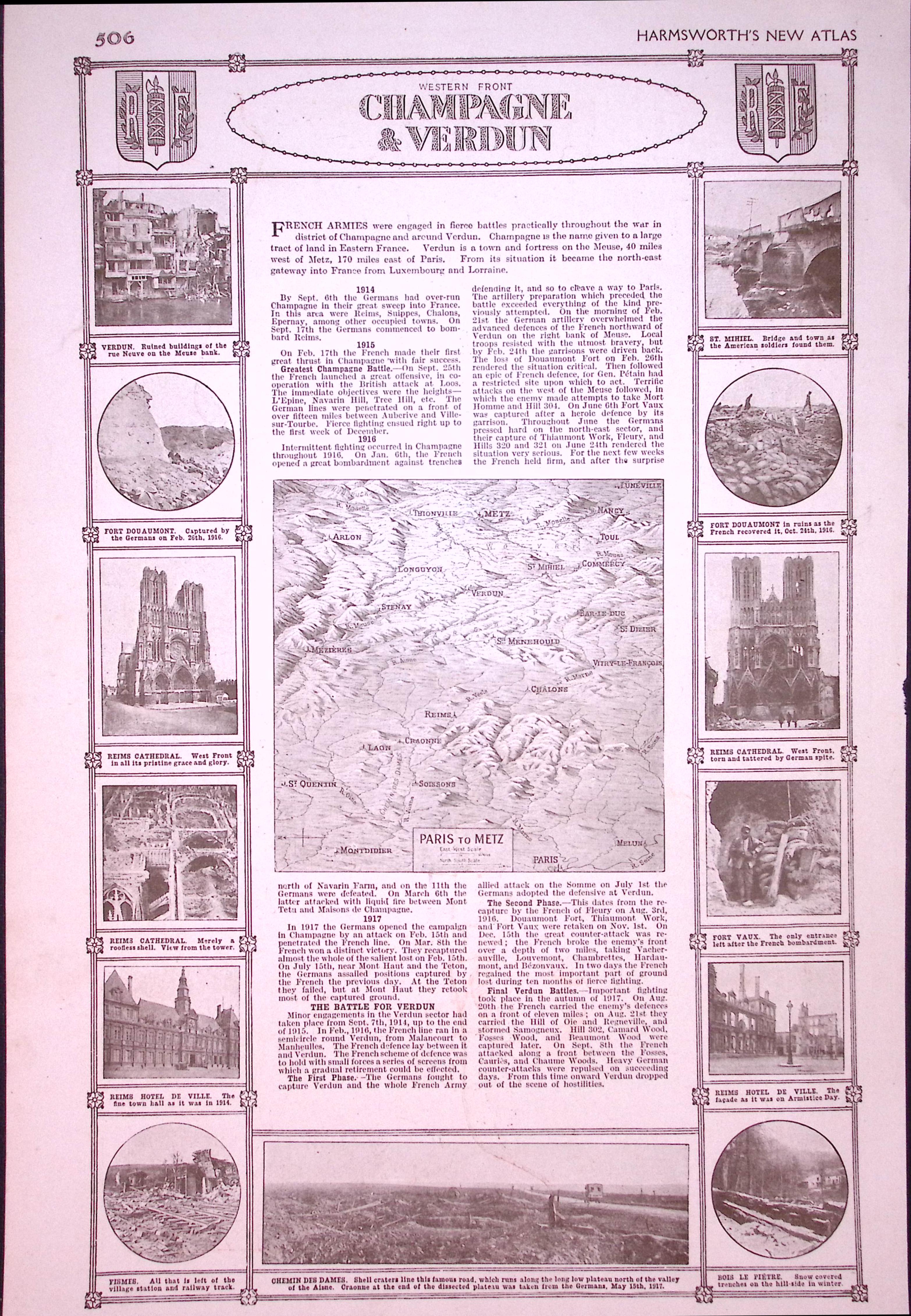 WW1 The Western Front Champagne & Verdun Antique 1922 Map-505
